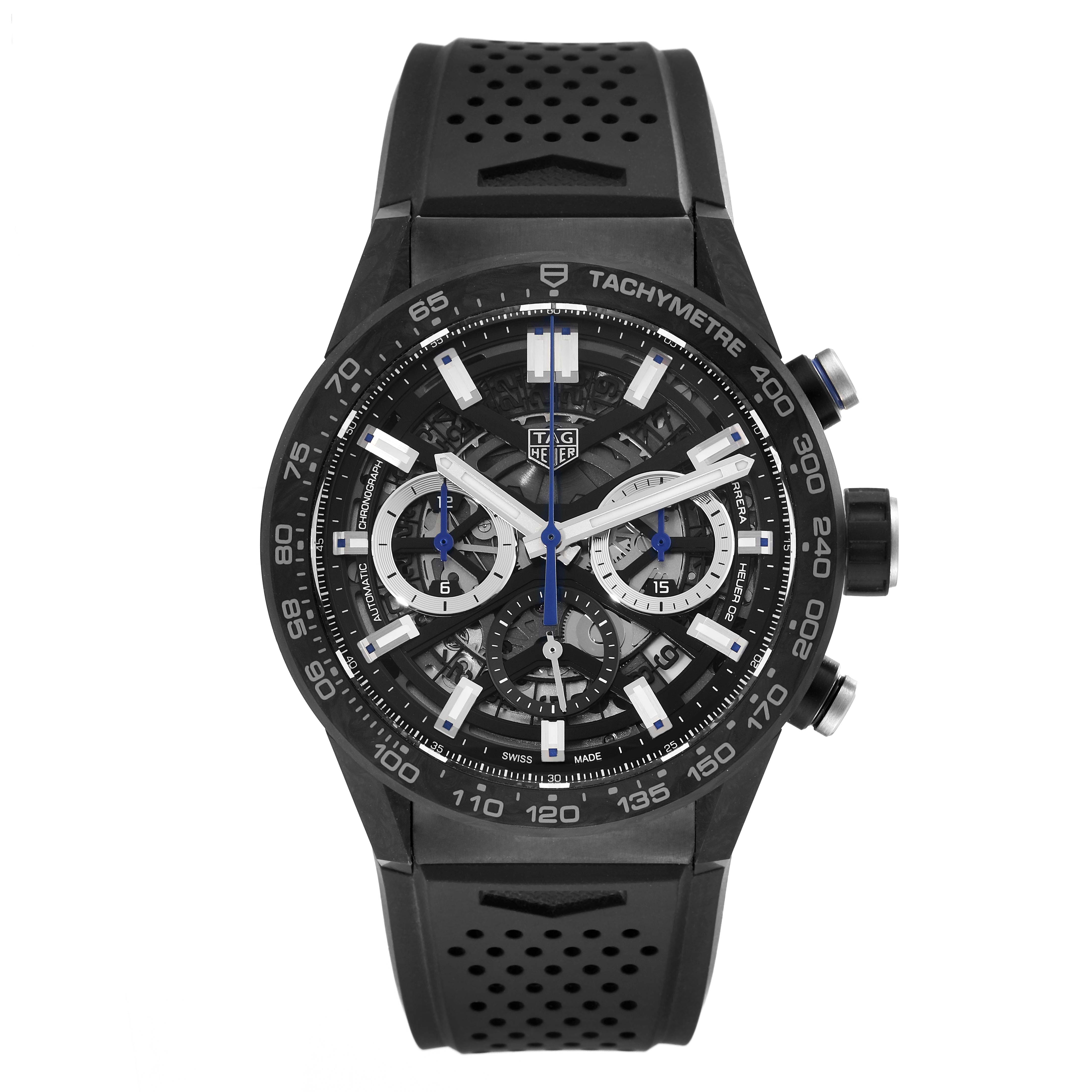 The image shows a front view of the Carrera model watch by Tag Heuer, highlighting its detailed dial and bezel.