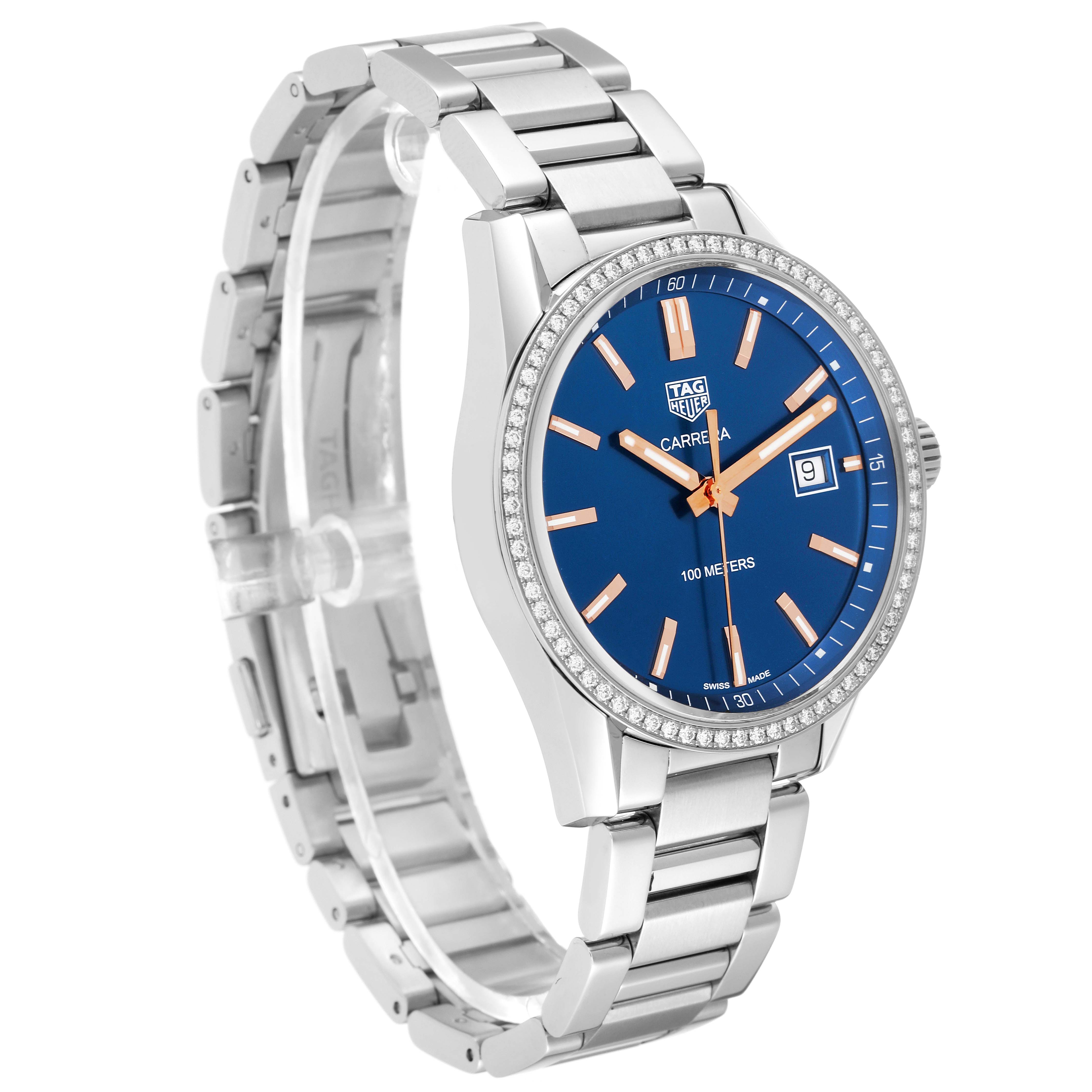 The image shows a Tag Heuer Carrera WAR1114.BA0601 Men's Stainless Steel Blue Dial WAR1114.BA0601 Men's Stainless Steel Blue Dial watch with a blue dial, date window, and a stainless steel bracelet at a slight angle.