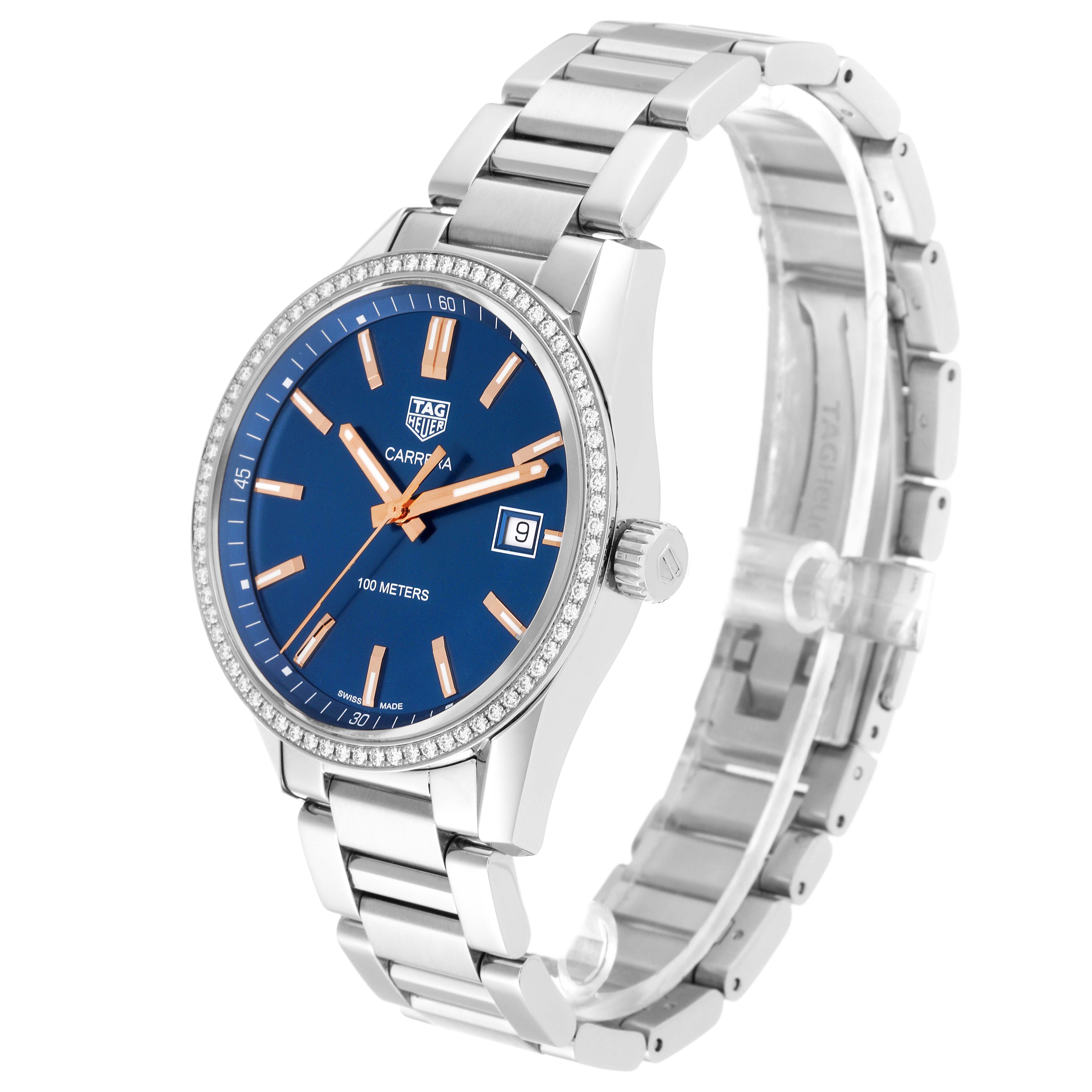 The image shows a Tag Heuer Carrera WAR1114.BA0601 Men's Stainless Steel Blue Dial WAR1114.BA0601 Men's Stainless Steel Blue Dial watch from a front three-quarter angle, highlighting the dial, case, and bracelet.