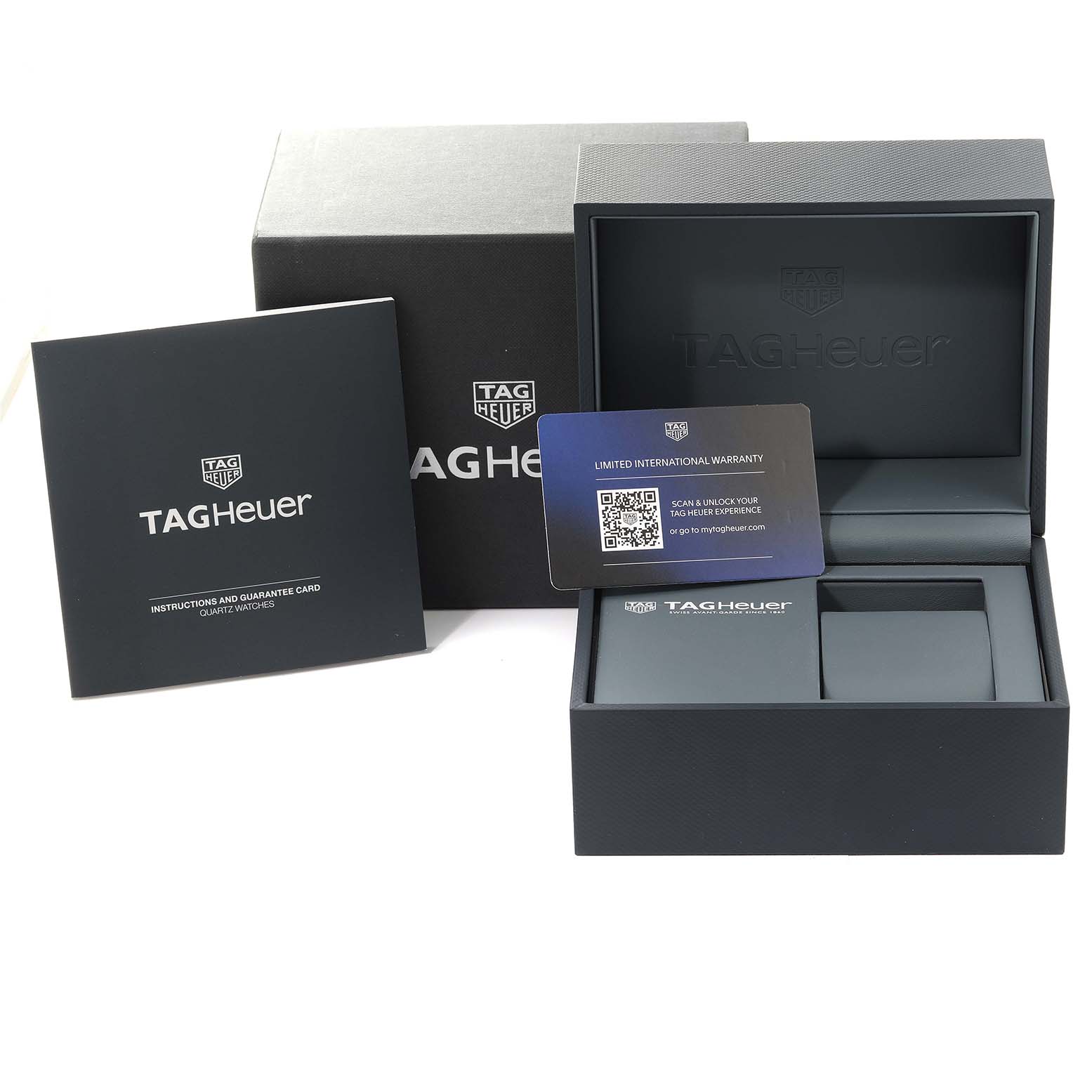 The image shows the packaging, instructions, and warranty card for the Tag Heuer Carrera WAR1114.BA0601 Men's Stainless Steel Blue Dial WAR1114.BA0601 Men's Stainless Steel Blue Dial watch.