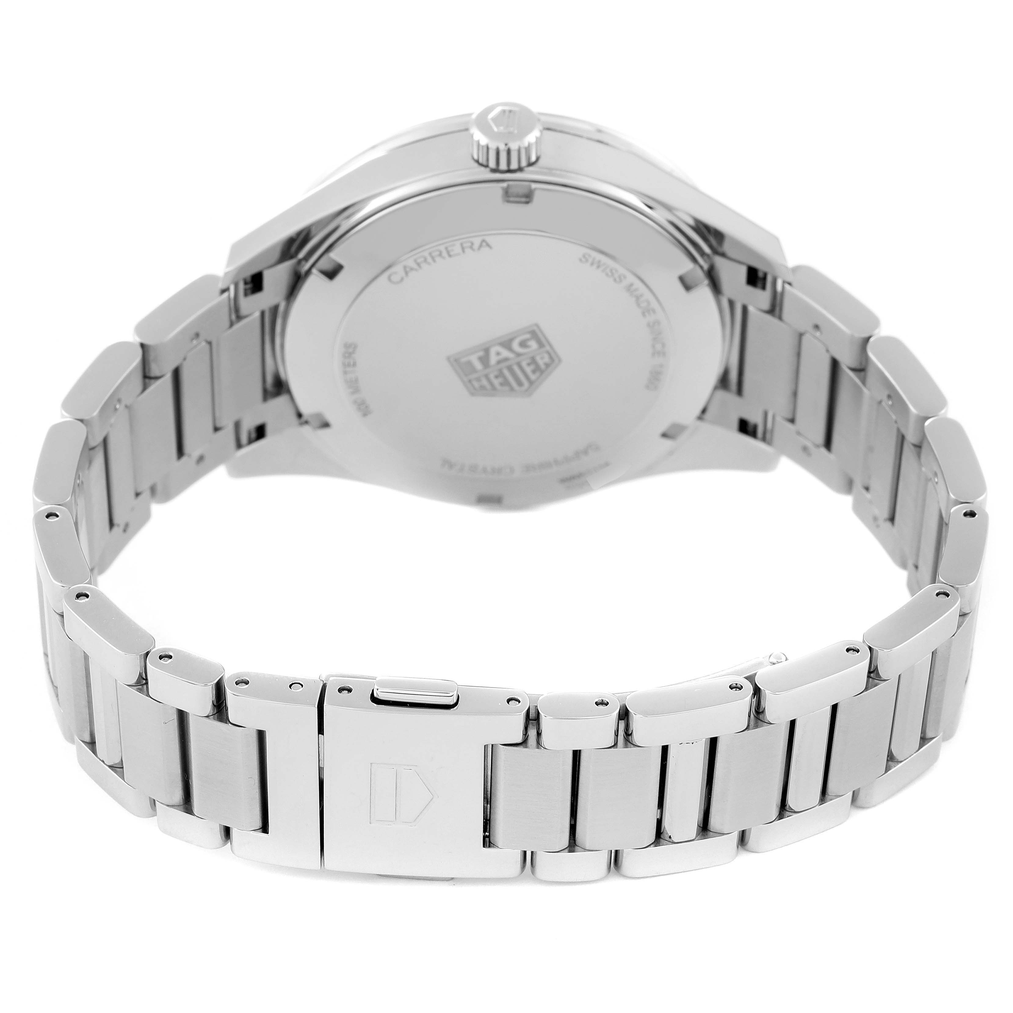 The image shows the back and bracelet of a Tag Heuer Carrera WAR1114.BA0601 Men's Stainless Steel Blue Dial WAR1114.BA0601 Men's Stainless Steel Blue Dial watch from a rear angle.