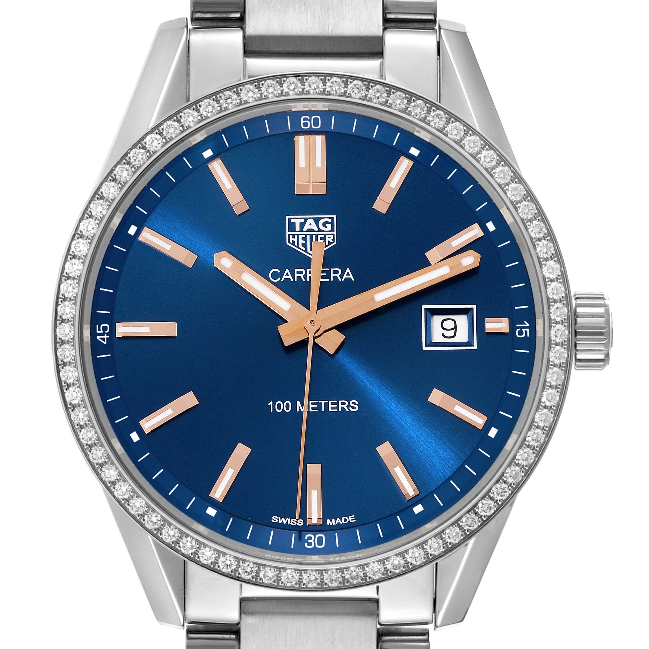 The image shows a front view of a Tag Heuer Carrera WAR1114.BA0601 Men's Stainless Steel Blue Dial WAR1114.BA0601 Men's Stainless Steel Blue Dial watch with a blue dial, date display, and diamond-set bezel.