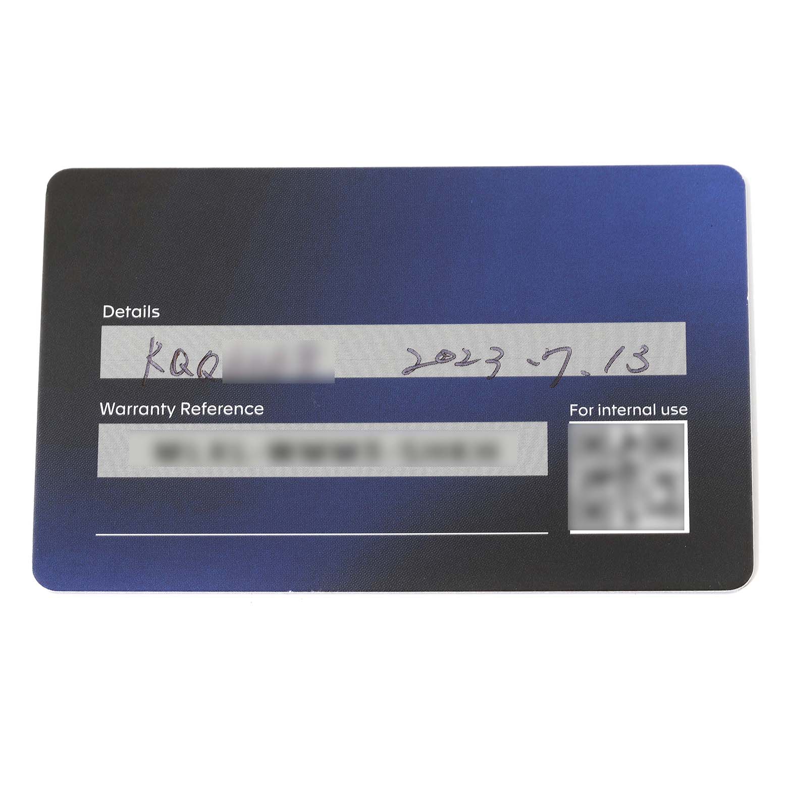 This image shows a warranty card for a Tag Heuer Carrera WAR1114.BA0601 Men's Stainless Steel Blue Dial WAR1114.BA0601 Men's Stainless Steel Blue Dial watch with handwritten details and a warranty reference.