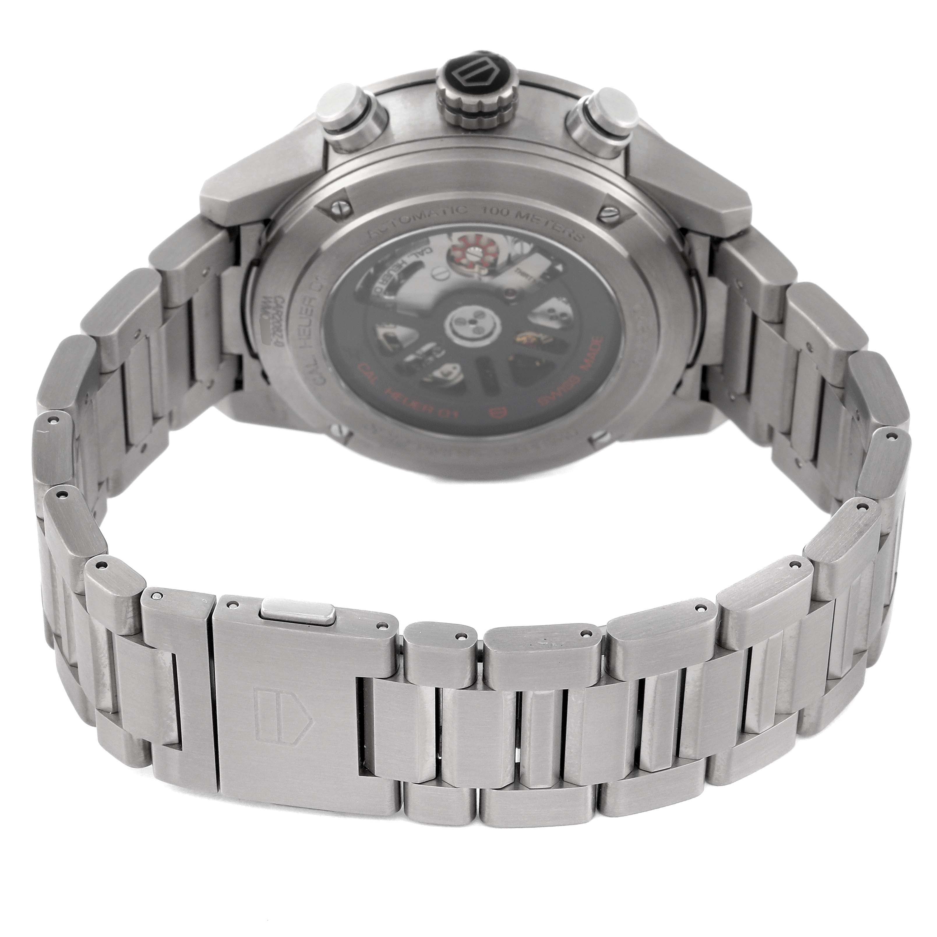 This is a rear view of a Tag Heuer Carrera CAR208Z.BF0719 Men's Titanium Grey Dial CAR208Z.BF0719 Men's Titanium Grey Dial watch, showing the metal bracelet and the transparent case back.