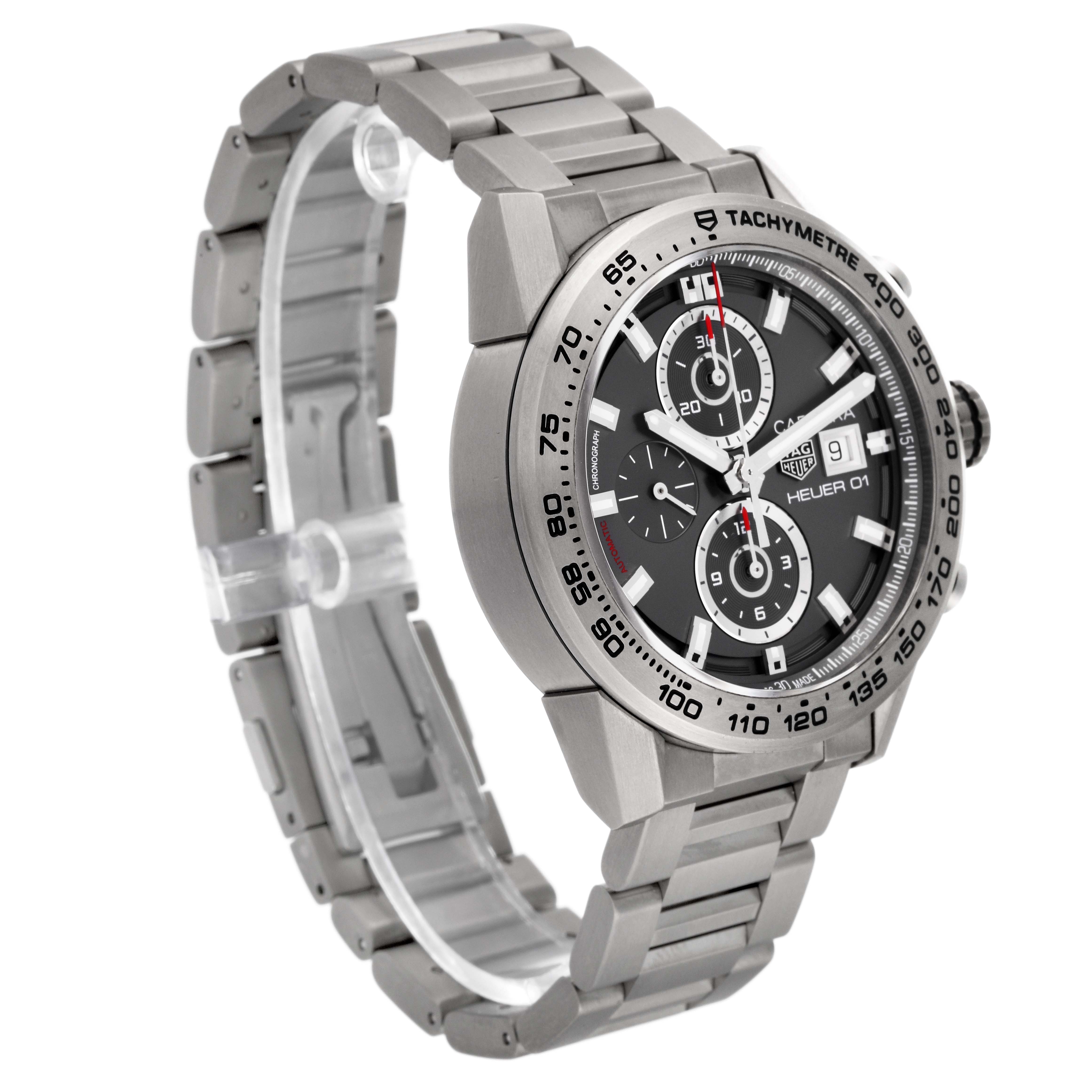 The Tag Heuer Carrera CAR208Z.BF0719 Men's Titanium Grey Dial CAR208Z.BF0719 Men's Titanium Grey Dial watch is shown at an angle showcasing the face, bezel, and part of the bracelet.