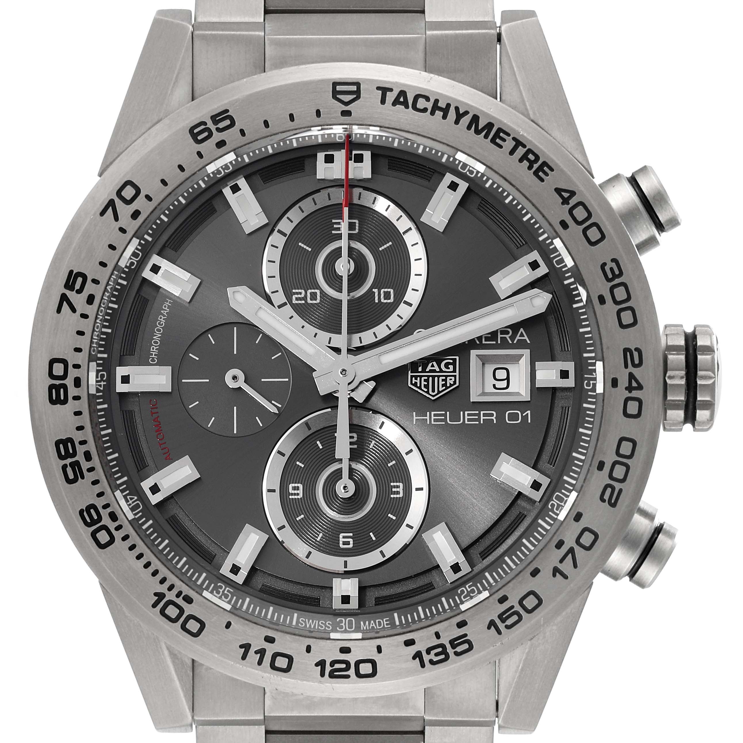 The image shows a close-up of the dial and bezel of the Tag Heuer Carrera CAR208Z.BF0719 Men's Titanium Grey Dial CAR208Z.BF0719 Men's Titanium Grey Dial model watch, highlighting its tachymeter and chronograph features.