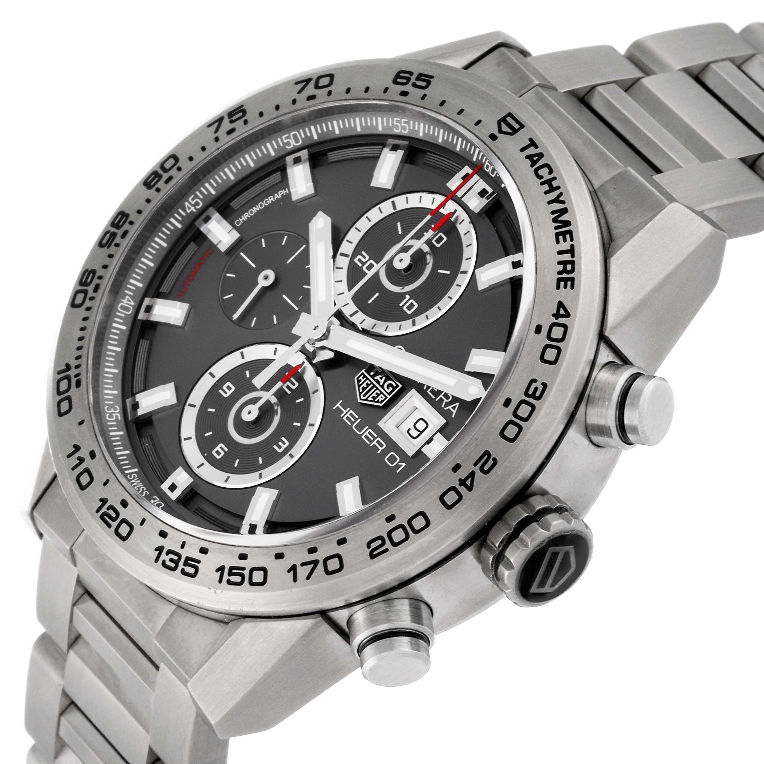 This image shows the Tag Heuer Carrera CAR208Z.BF0719 Men's Titanium Grey Dial CAR208Z.BF0719 Men's Titanium Grey Dial model watch at an angle highlighting the face, bezels, crown, and part of the bracelet.