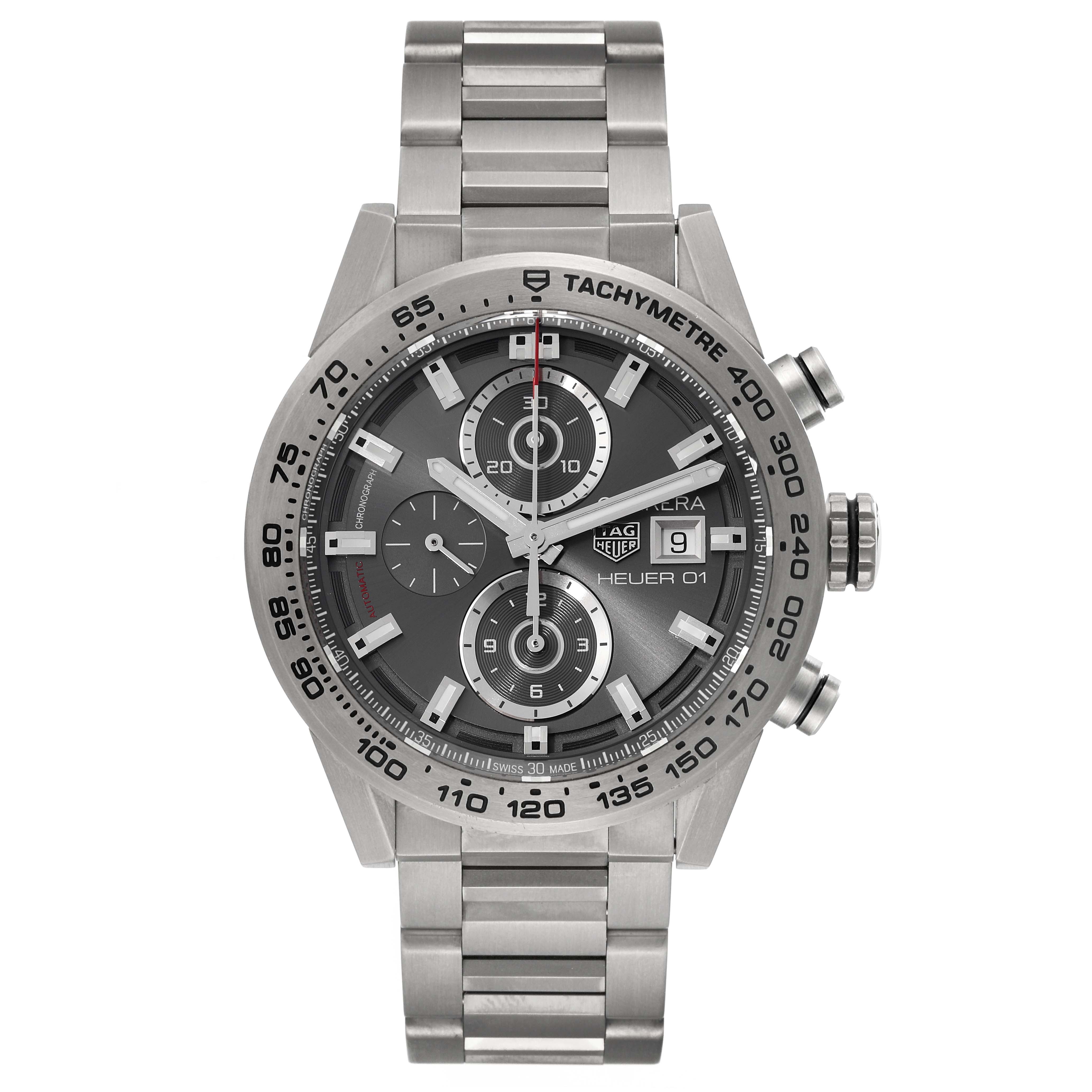 The watch is a Tag Heuer Carrera CAR208Z.BF0719 Men's Titanium Grey Dial CAR208Z.BF0719 Men's Titanium Grey Dial model, shown from a front angle displaying its face, bezel, and stainless steel bracelet.