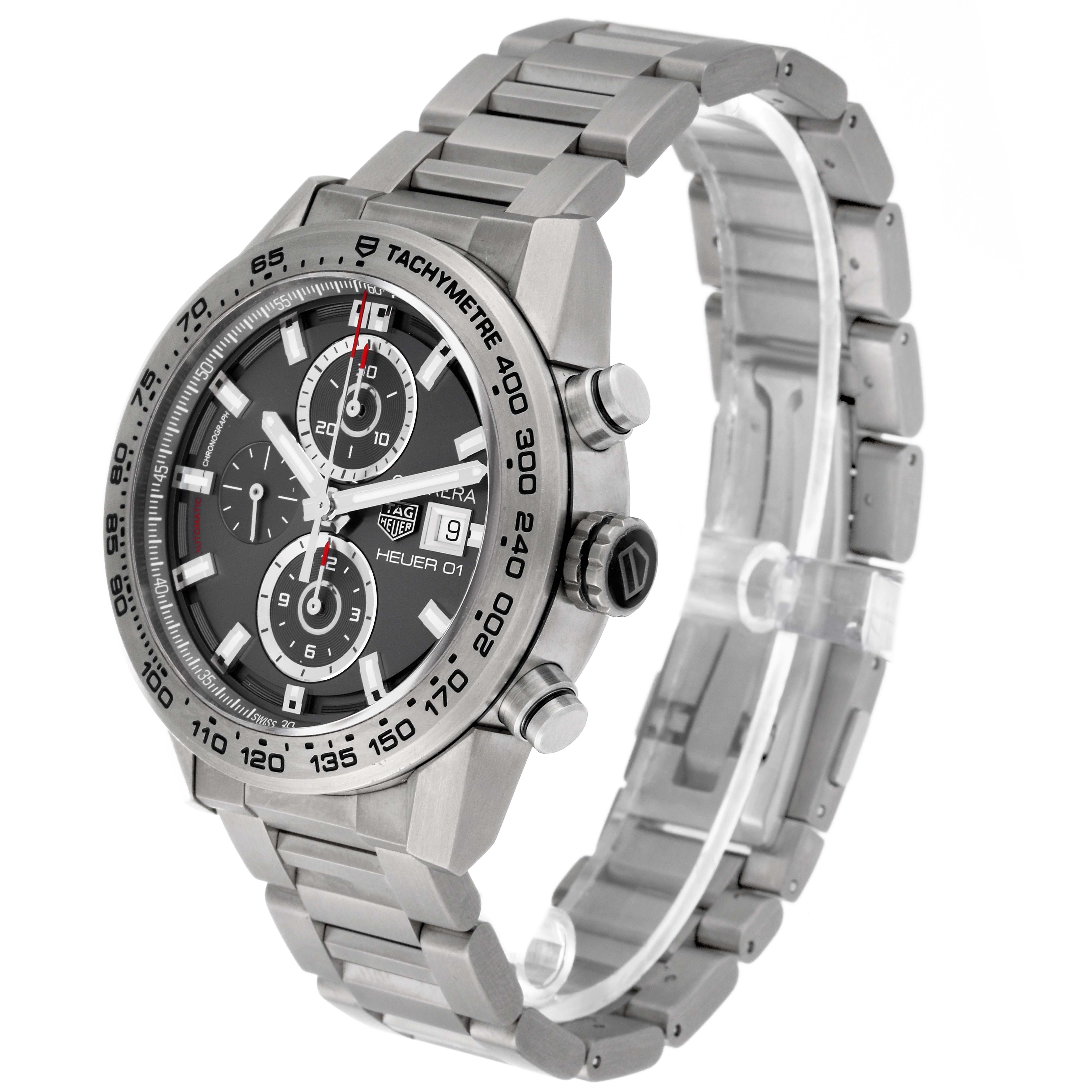 The Tag Heuer Carrera CAR208Z.BF0719 Men's Titanium Grey Dial CAR208Z.BF0719 Men's Titanium Grey Dial model is shown from a three-quarter angle, displaying the face, bezel, and metal bracelet.