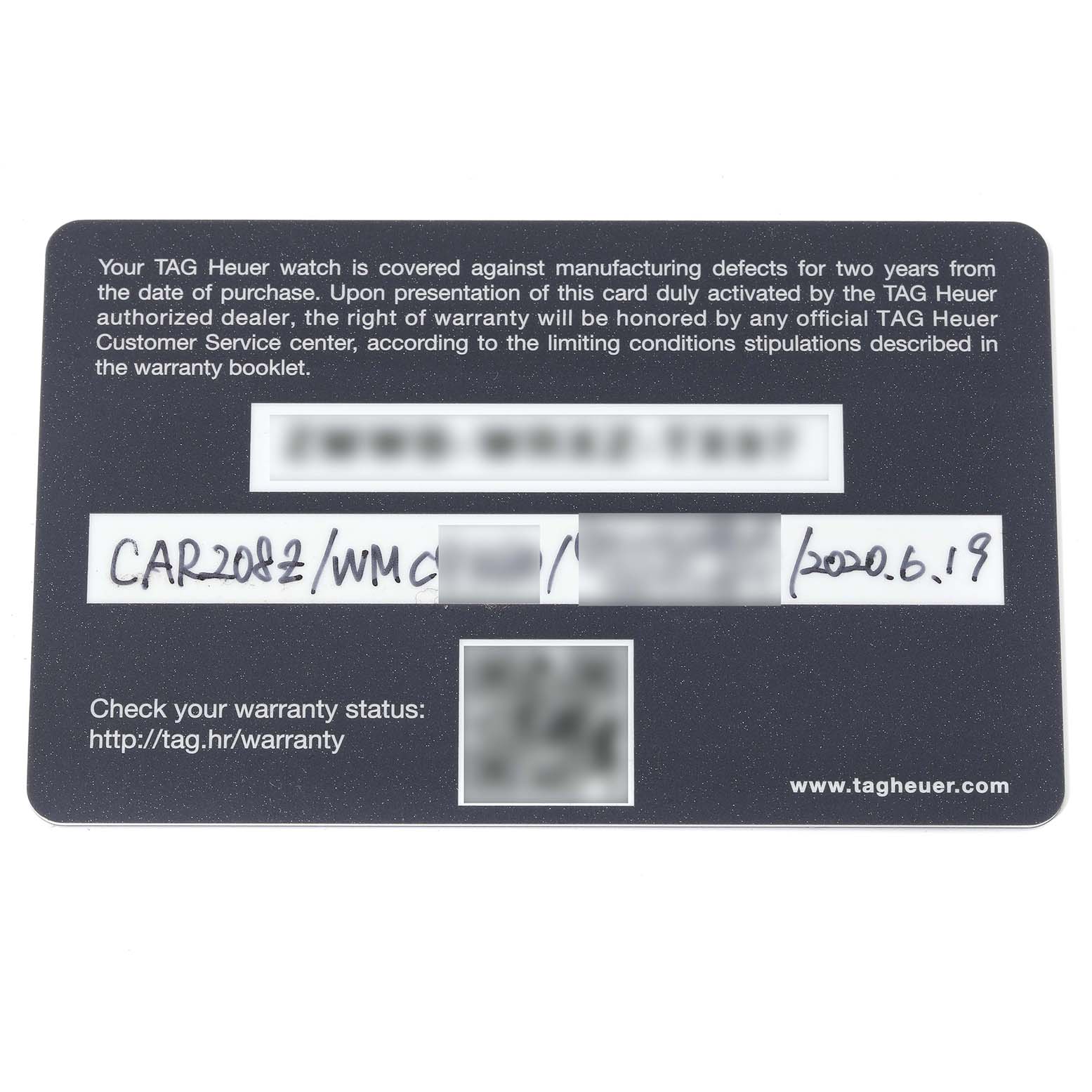 The image shows a Tag Heuer Carrera CAR208Z.BF0719 Men's Titanium Grey Dial CAR208Z.BF0719 Men's Titanium Grey Dial model warranty card, detailing coverage and verification instructions.