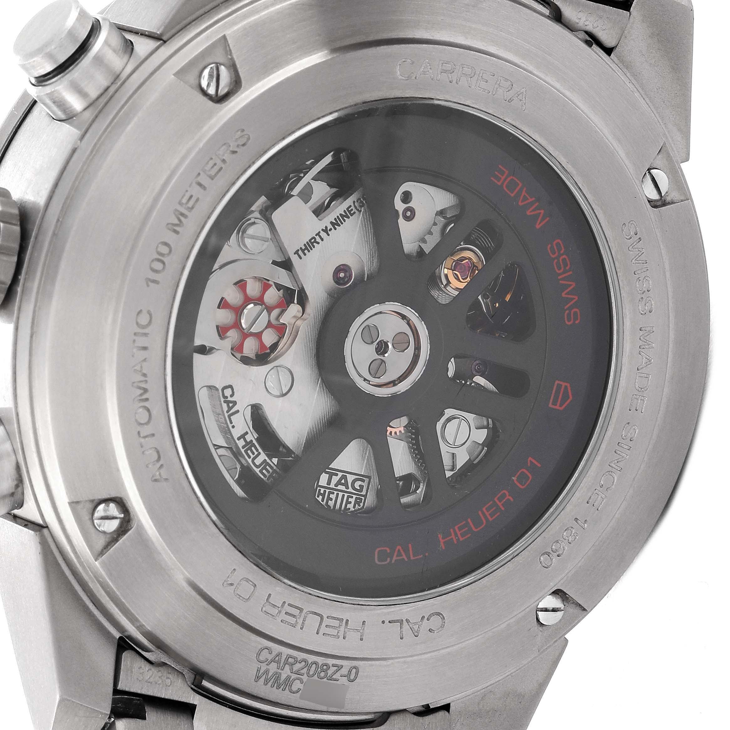 The image shows the back of a Tag Heuer Carrera CAR208Z.BF0719 Men's Titanium Grey Dial CAR208Z.BF0719 Men's Titanium Grey Dial watch, displaying its internal mechanical components and engravings.