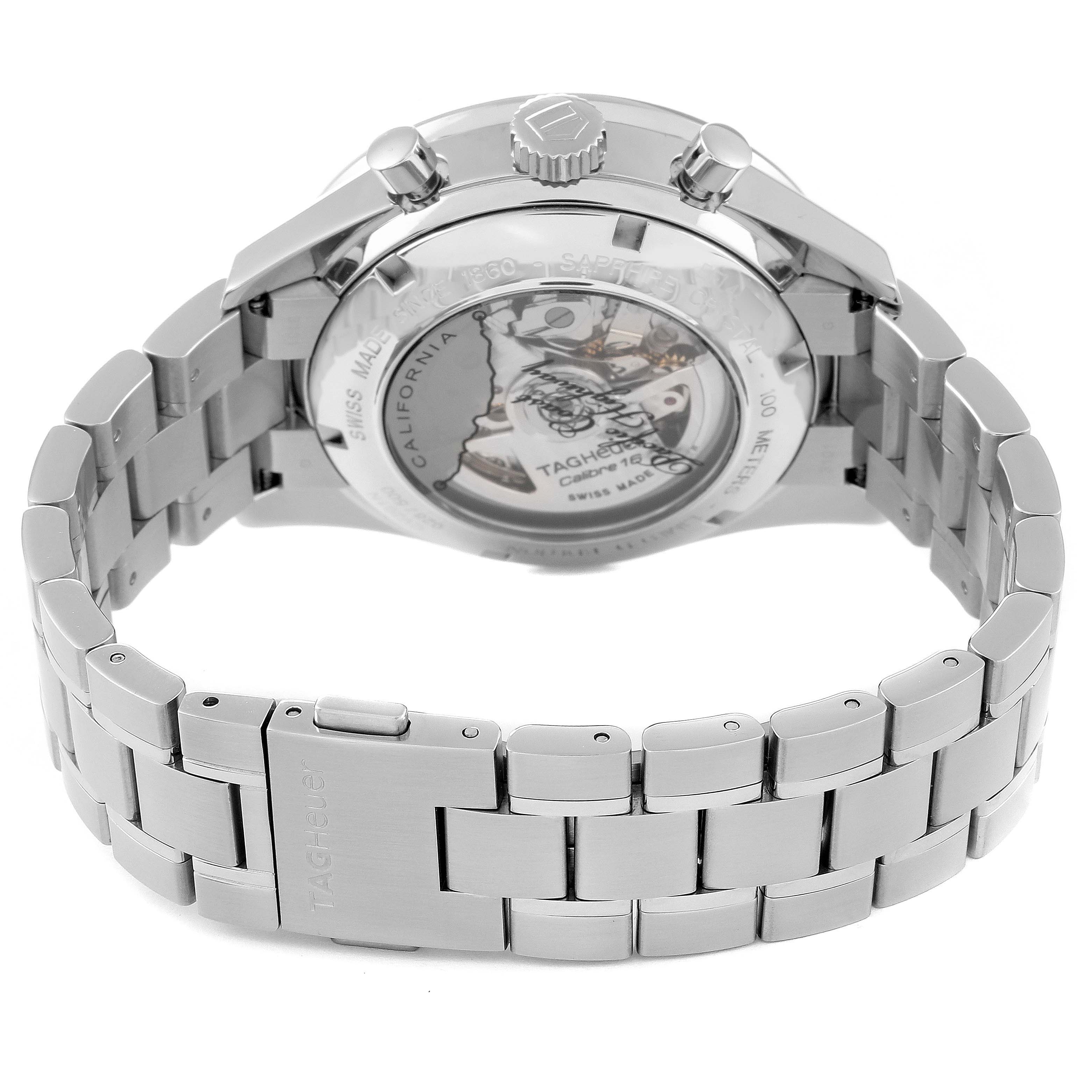 The image shows the back view and bracelet of the Tag Heuer Limited Edition CV201N.BA0794 Men
s Stainless Steel Green Dial CV201N.BA0794 Men
s Stainless Steel Green Dial watch, highlighting its clasp and movement mechanism.