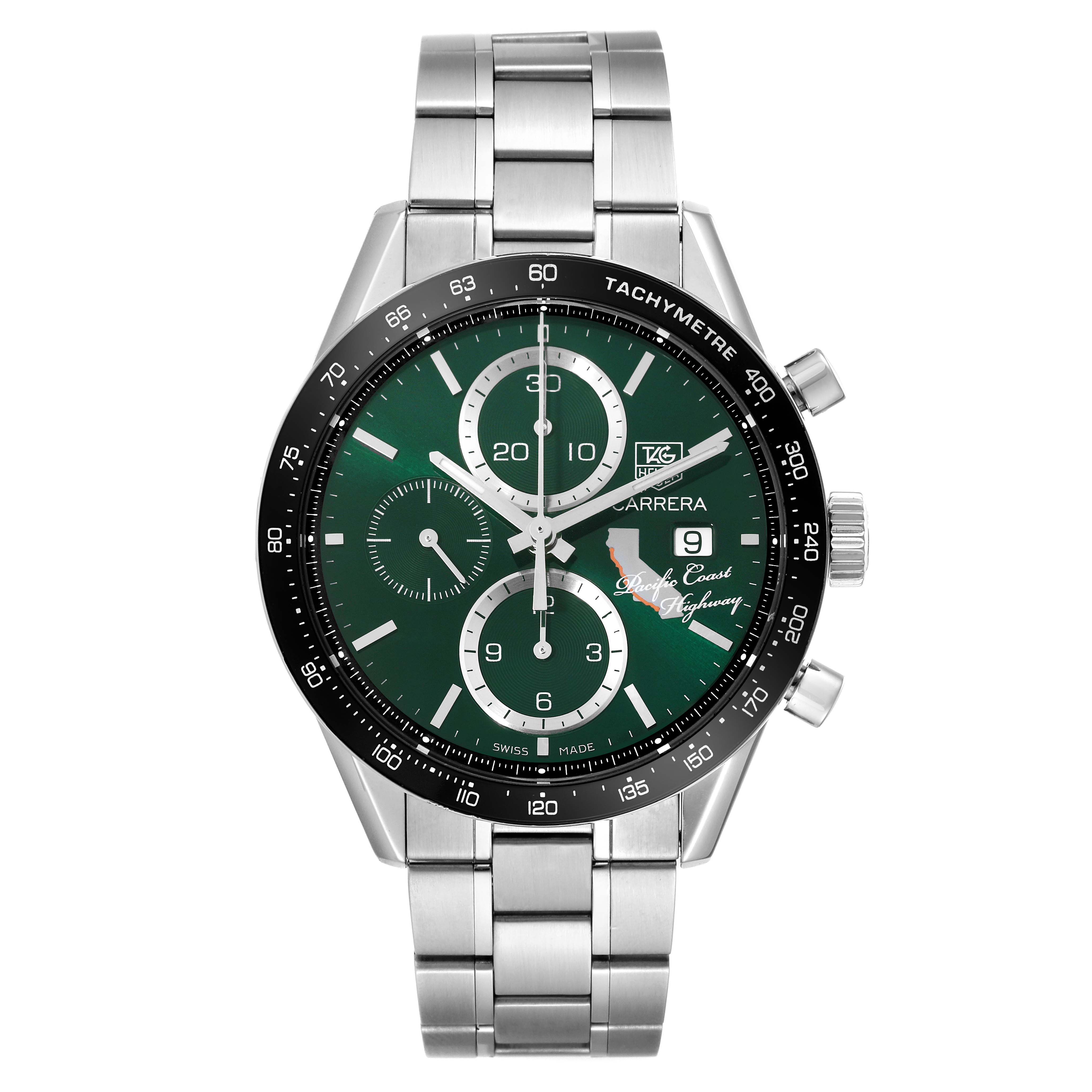 This image shows the front view of the Tag Heuer Carrera Limited Edition watch, including the dial, bezel, and bracelet.