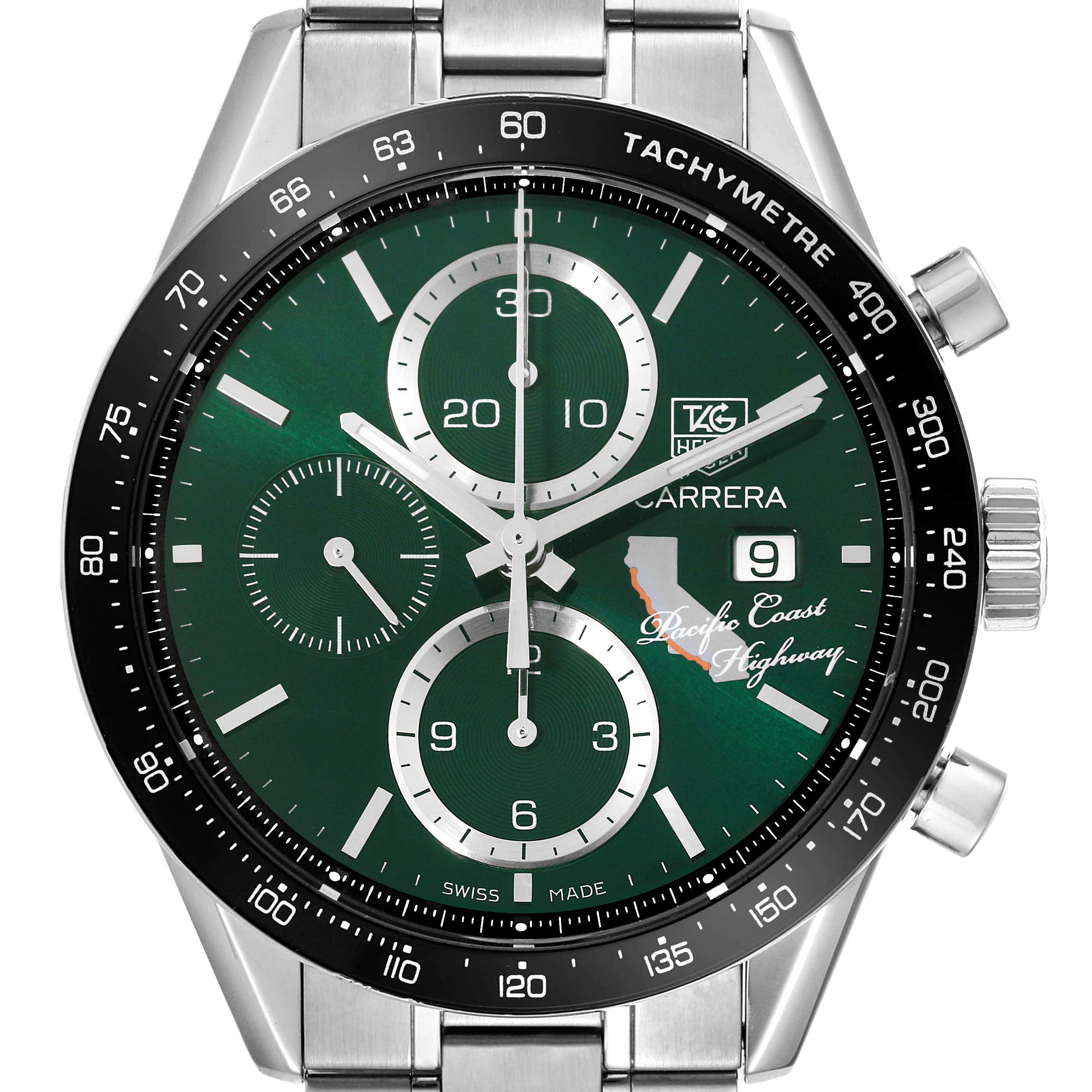 The Tag Heuer Limited Edition CV201N.BA0794 Men
s Stainless Steel Green Dial CV201N.BA0794 Men
s Stainless Steel Green Dial Carrera watch is shown front-facing, displaying the dial, chronograph, bezel, and part of the bracelet.