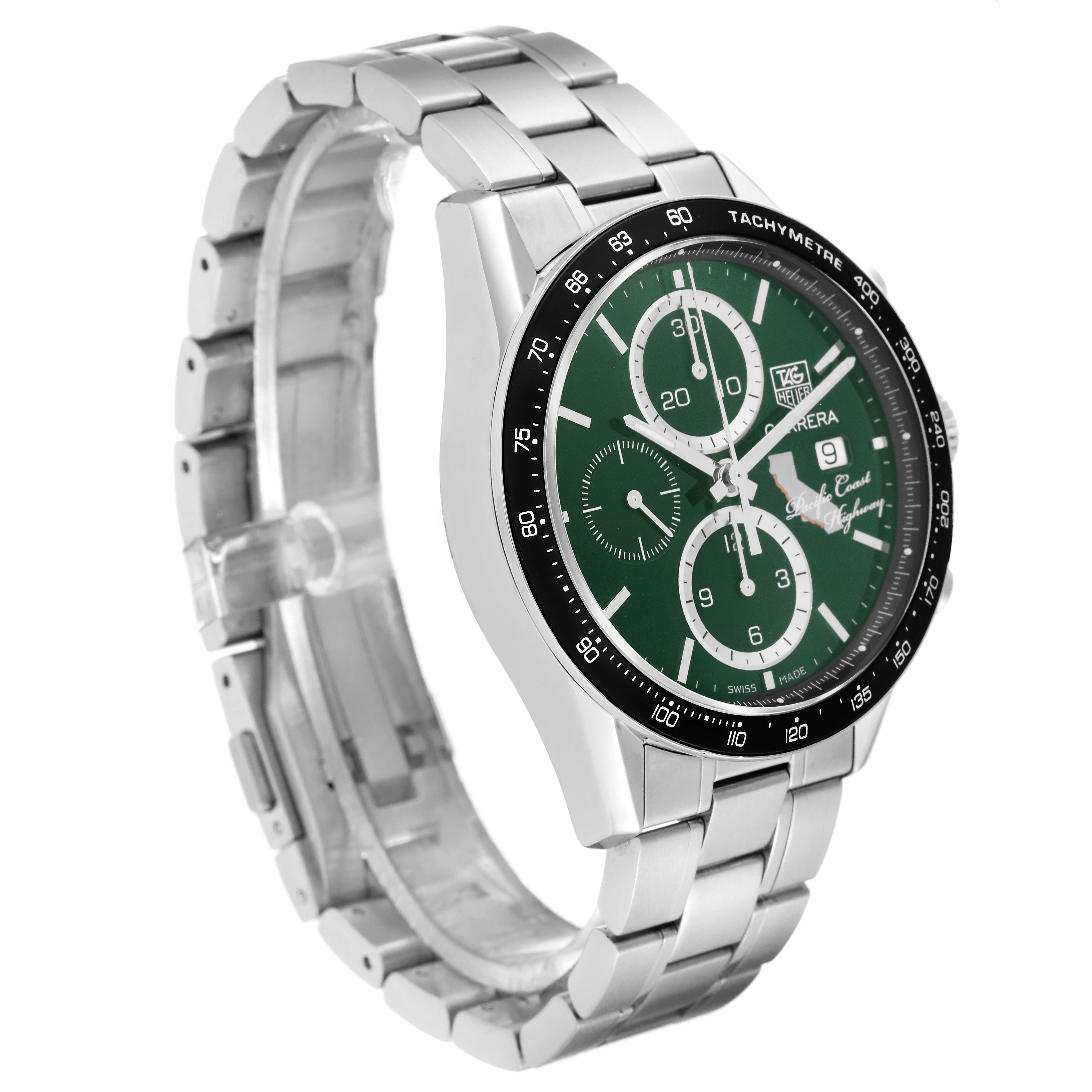 The image shows a side angle of the Tag Heuer Carrera Limited Edition watch, highlighting the green dial, tachymeter bezel, and stainless steel band.