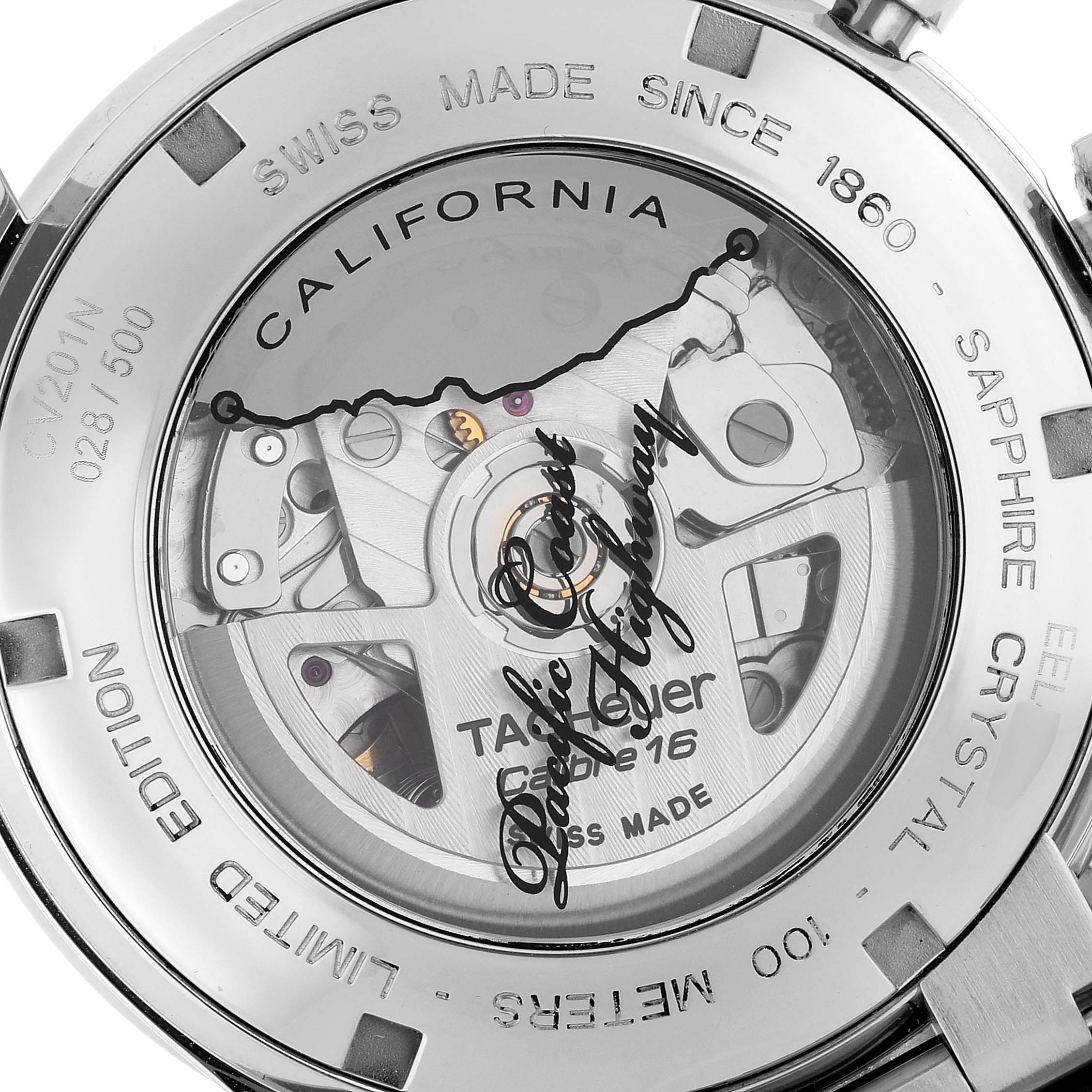 The image shows the case back of the Limited Edition Tag Heuer Calibre 16 watch, highlighting its movement and markings.