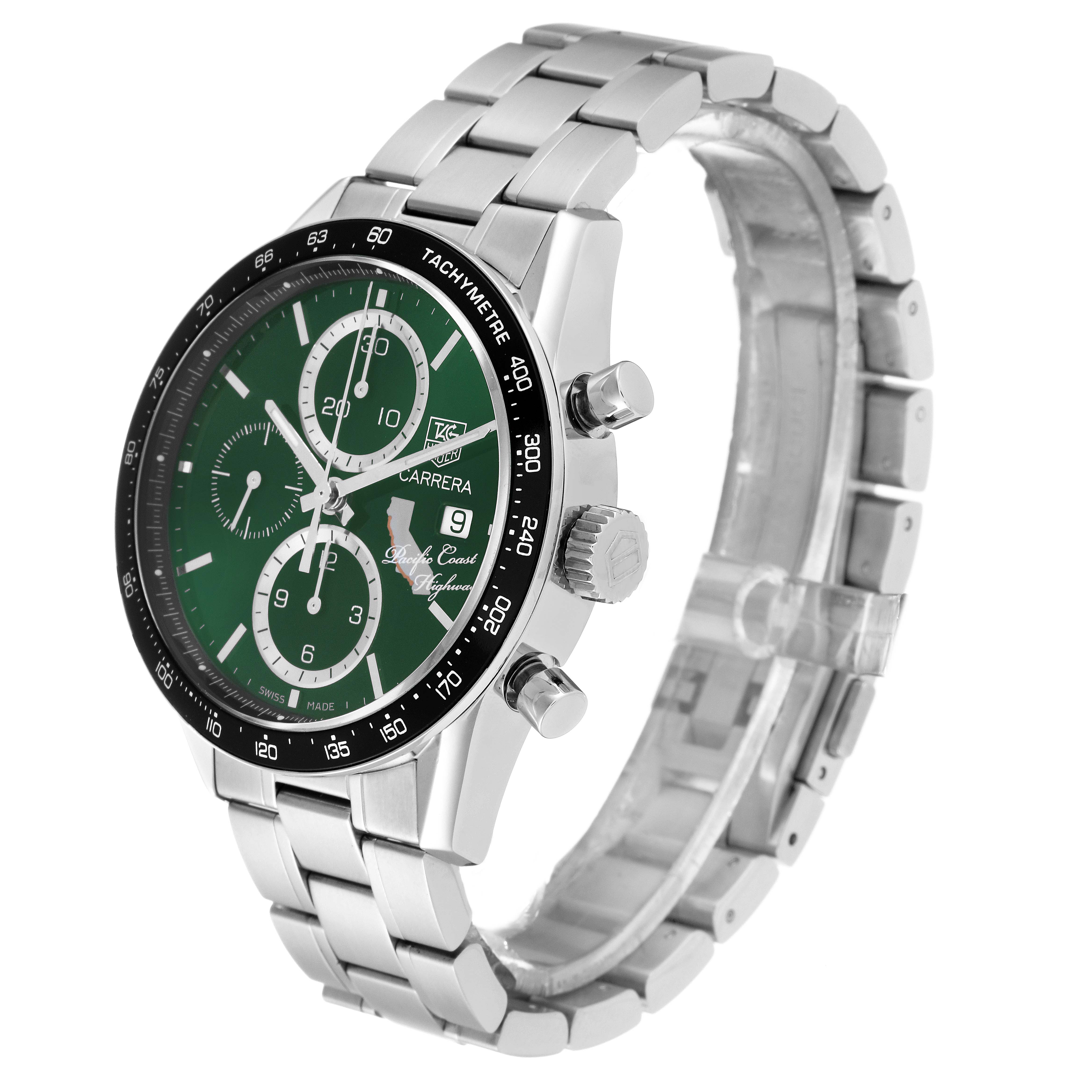 The image shows a side angle view of the Tag Heuer Carrera Limited Edition watch, highlighting its green dial, chronograph sub-dials, and metal bracelet.