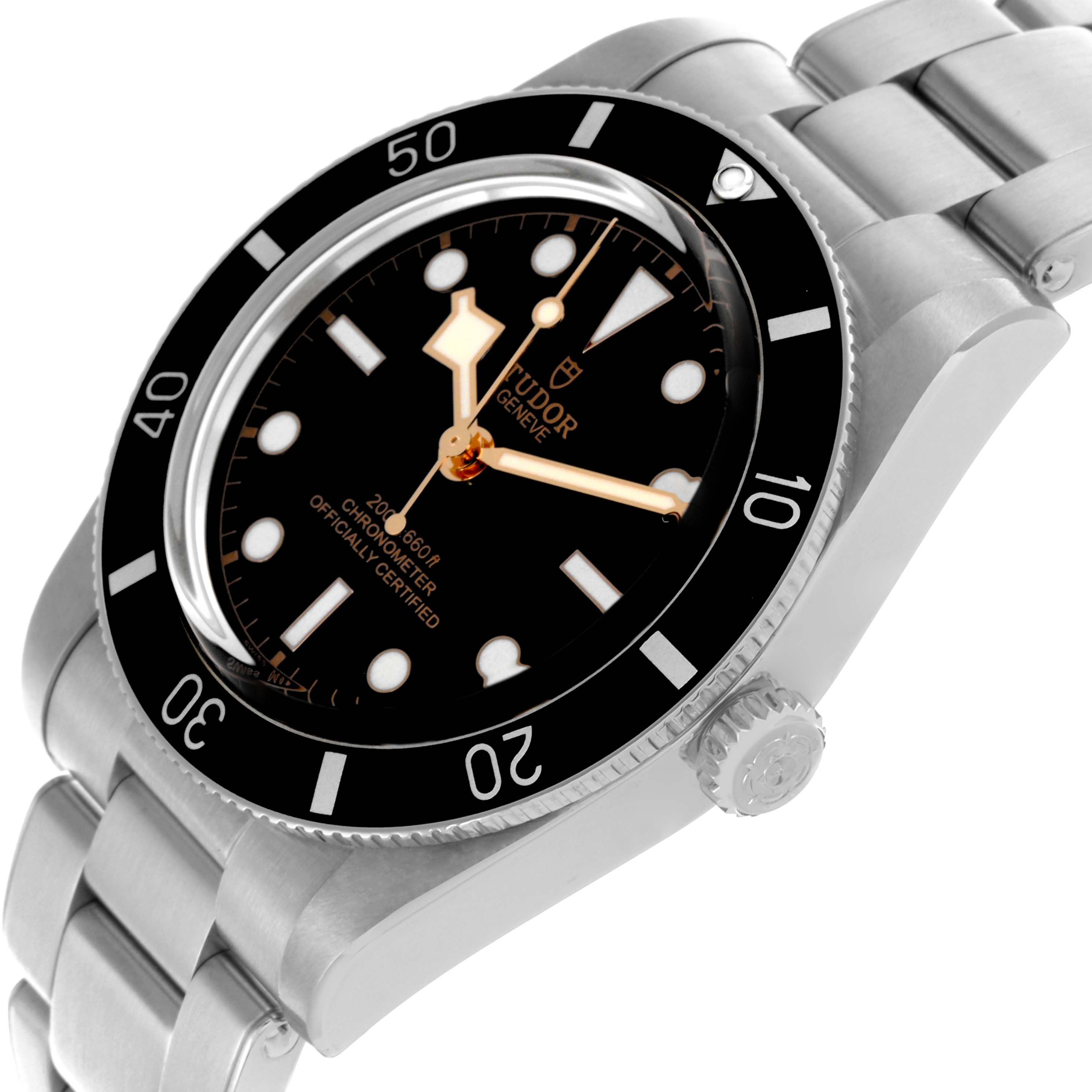 The Tudor Heritage Black Bay M79000N-0001 Men's Stainless Steel Black Dial M79000N-0001 Men's Stainless Steel Black Dial watch is shown from a front angle highlighting the dial, bezel, and metal bracelet.