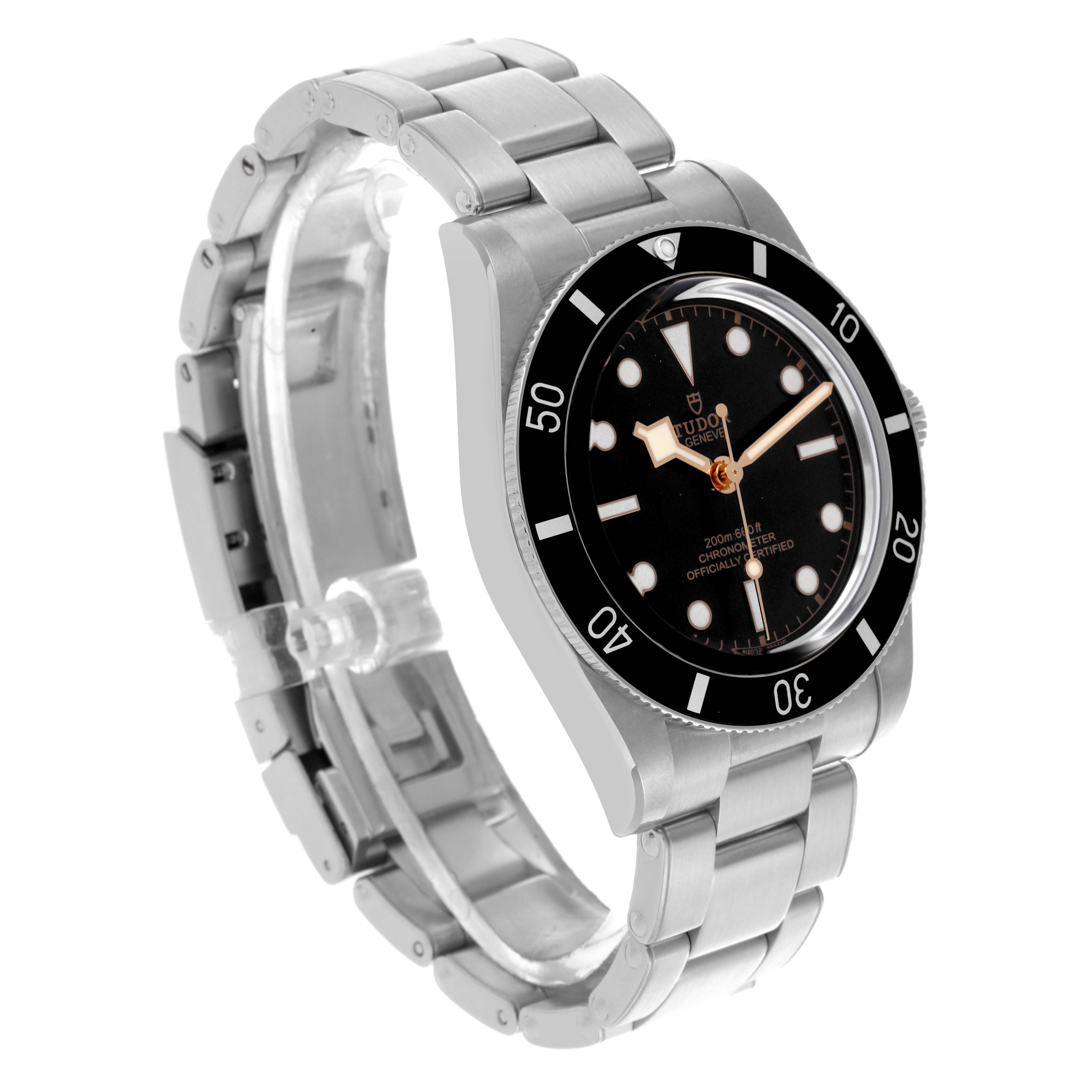 The Tudor Heritage Black Bay M79000N-0001 Men's Stainless Steel Black Dial M79000N-0001 Men's Stainless Steel Black Dial watch is shown from a three-quarter angle, highlighting the bezel, dial, and bracelet.