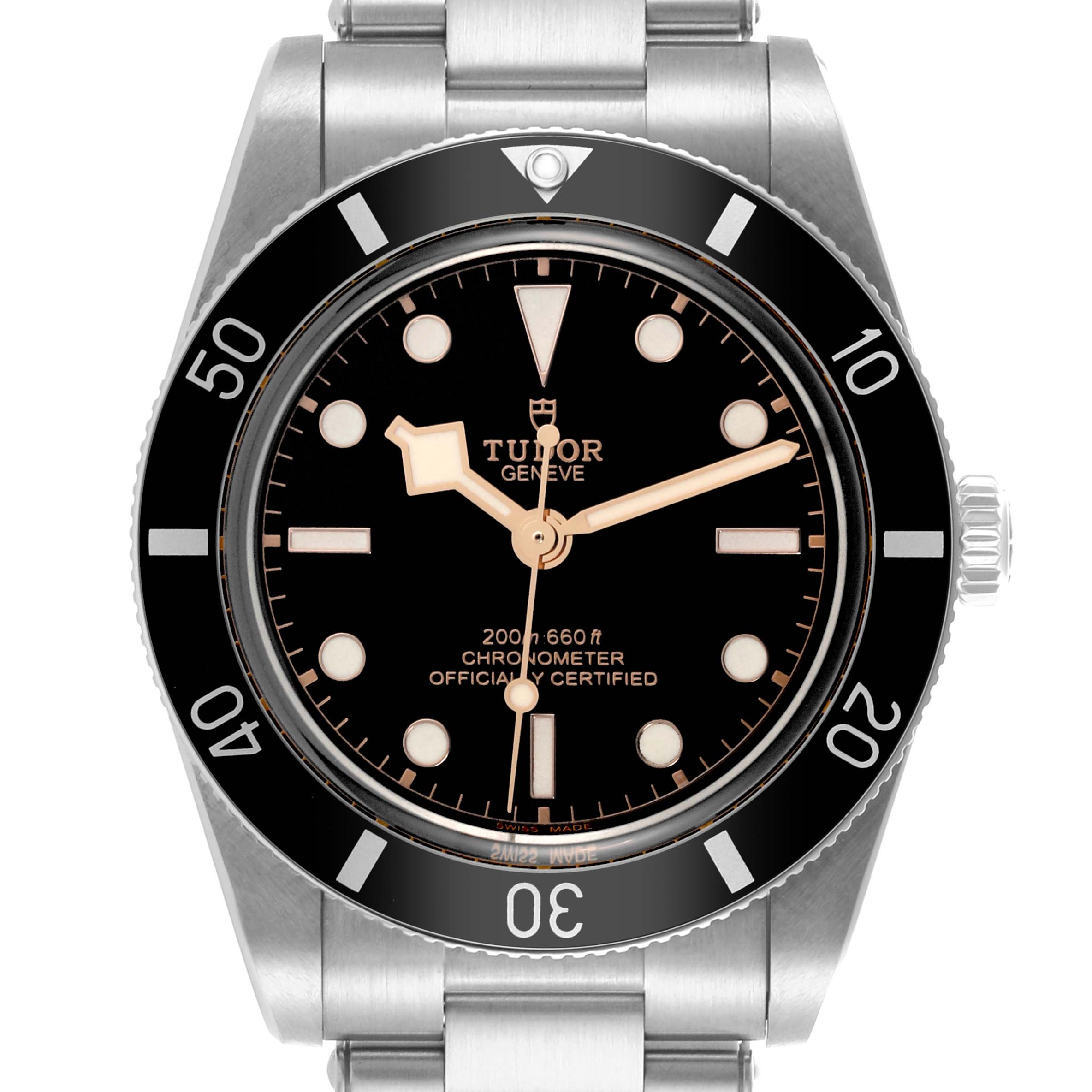 The Tudor Heritage Black Bay M79000N-0001 Men's Stainless Steel Black Dial M79000N-0001 Men's Stainless Steel Black Dial watch is shown from a front view, highlighting the dial, bezel, and part of the bracelet.