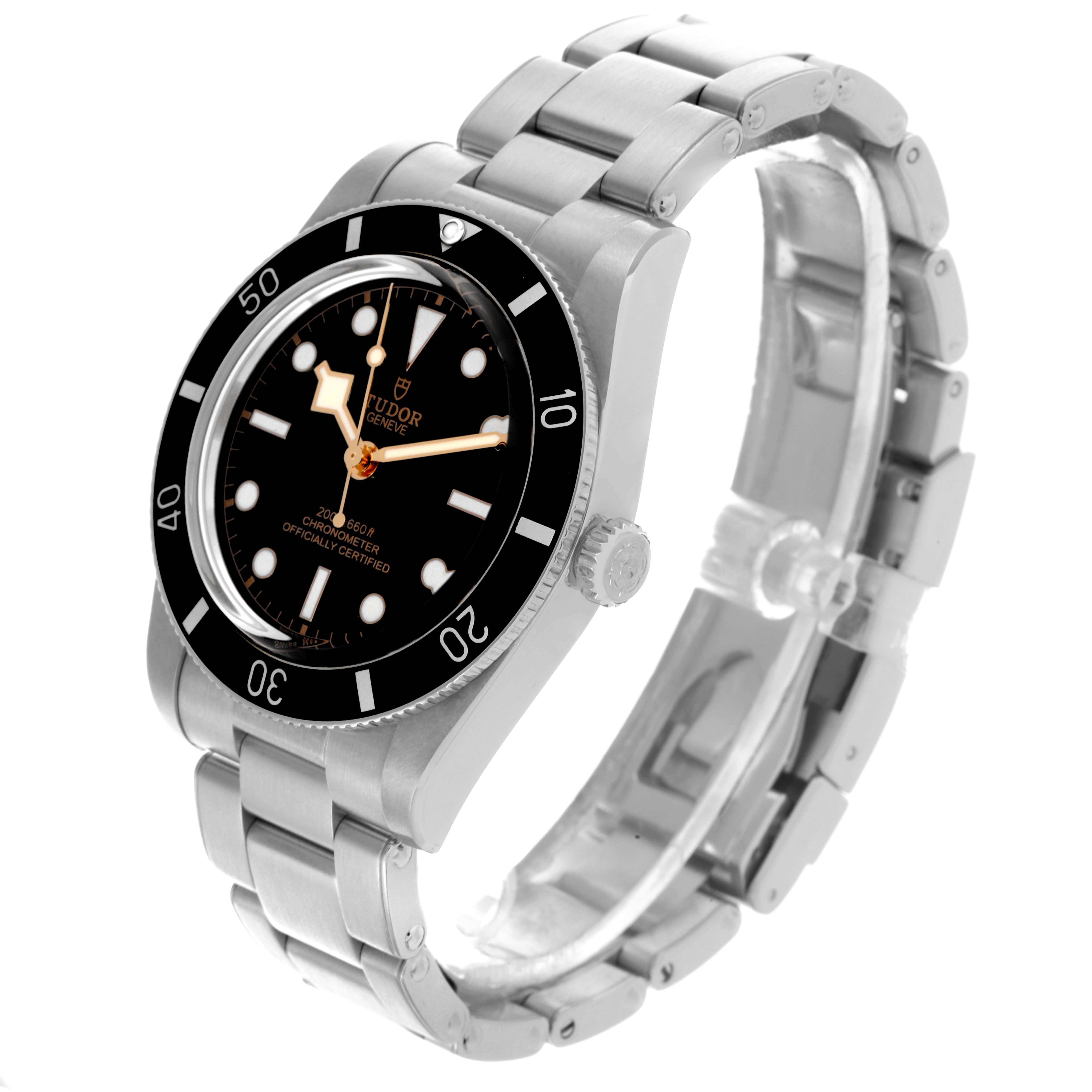 The Tudor Heritage Black Bay M79000N-0001 Men's Stainless Steel Black Dial M79000N-0001 Men's Stainless Steel Black Dial watch is shown at a three-quarter angle, highlighting the bezel, dial, crown, and bracelet.