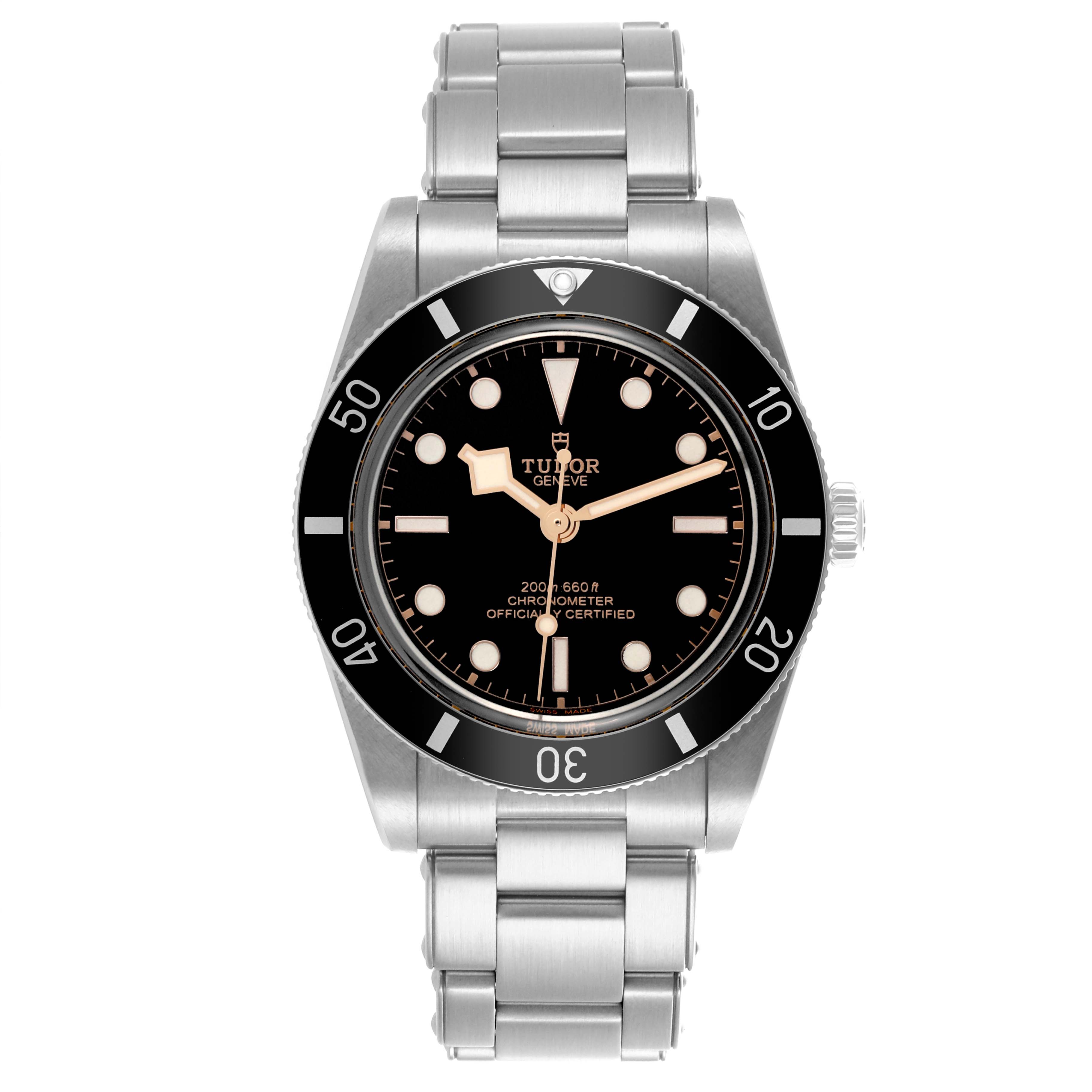 The Tudor Heritage Black Bay M79000N-0001 Men's Stainless Steel Black Dial M79000N-0001 Men's Stainless Steel Black Dial watch is shown from the front, displaying its face, bezel, hands, and metal bracelet.