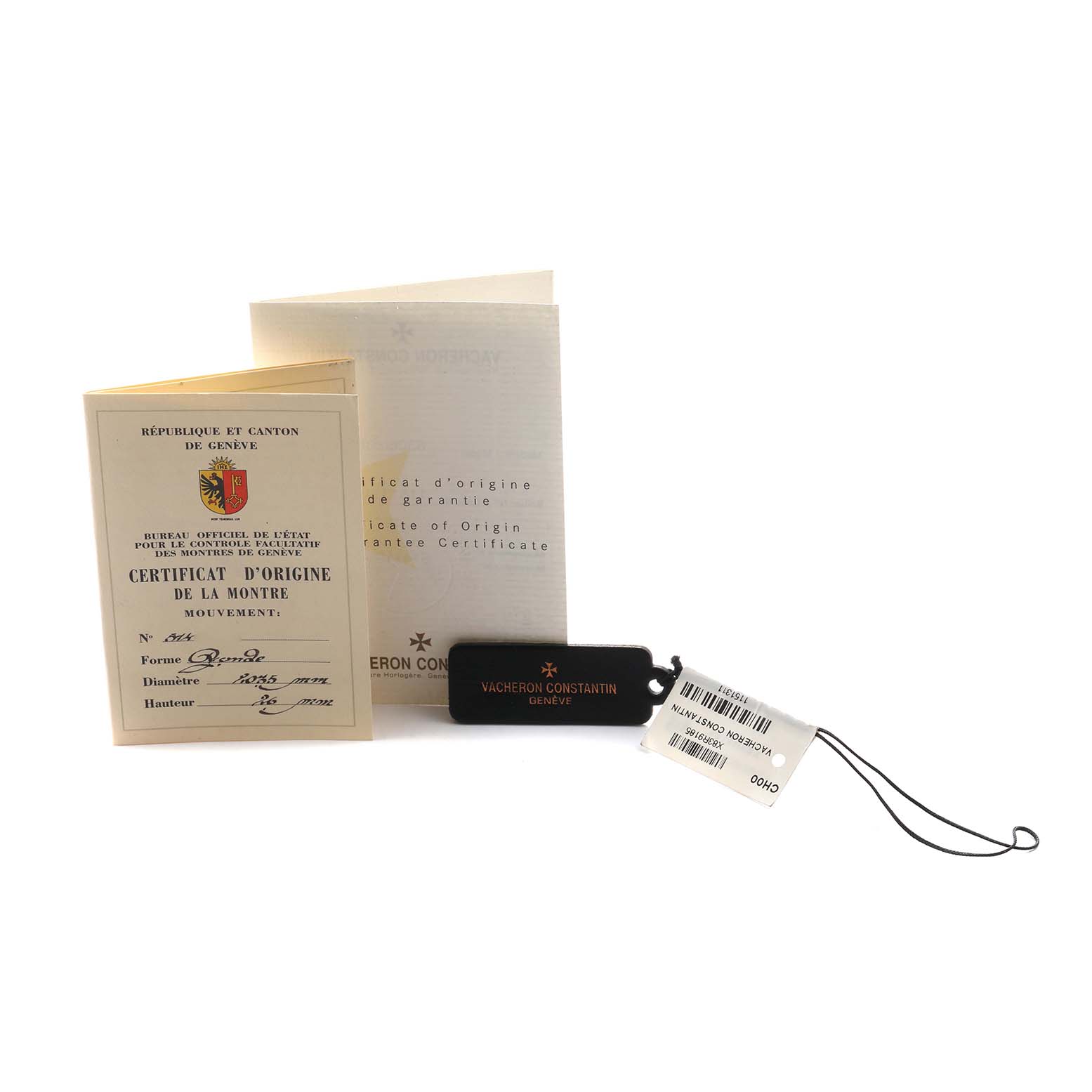 This image shows documents and a tag for the Vacheron Constantin Malte 83060 Men's Rose Gold Silver Dial watch model.