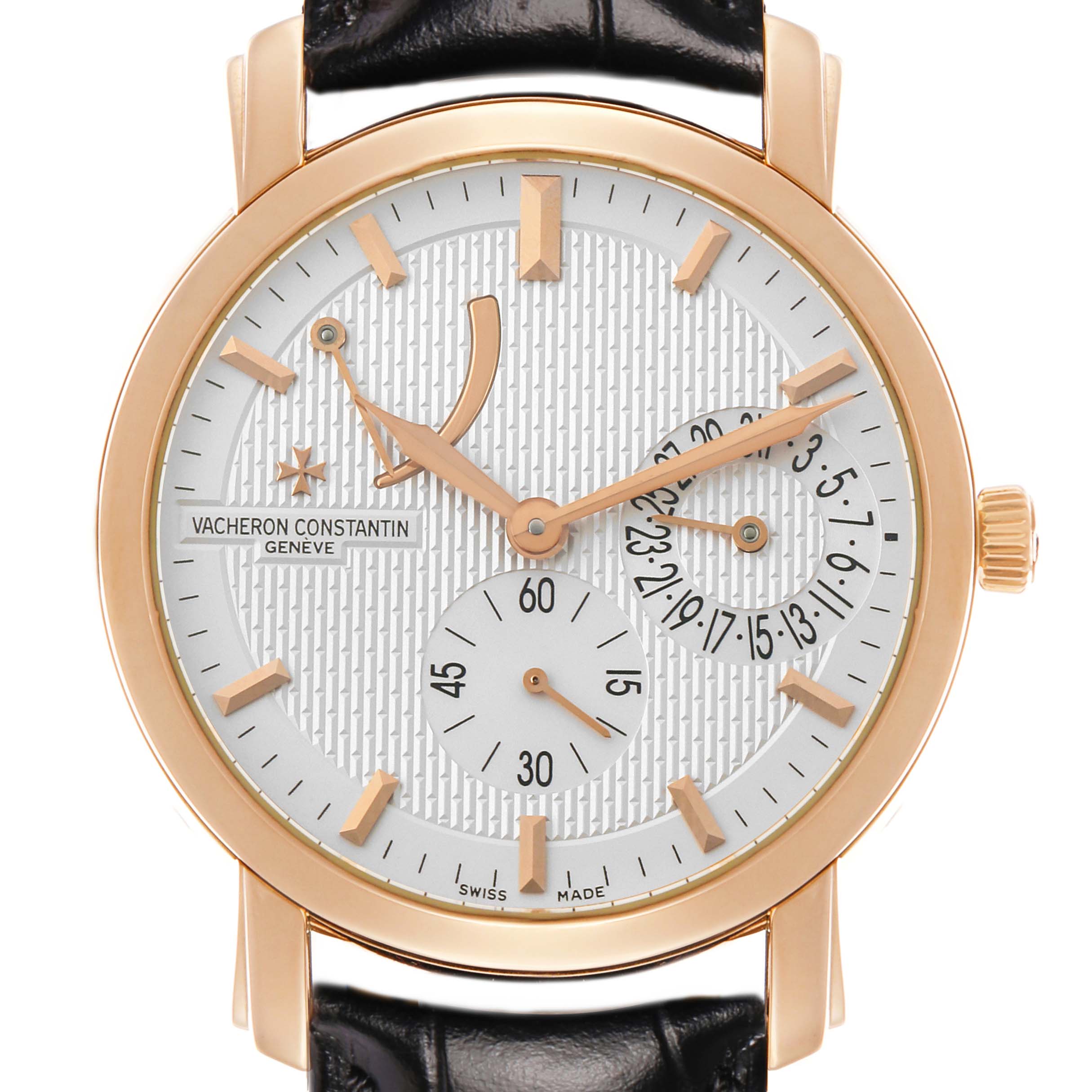 The image shows a Vacheron Constantin Malte 83060 Men's Rose Gold Silver Dial watch from a frontal angle, highlighting its dial, hands, and strap attachment.