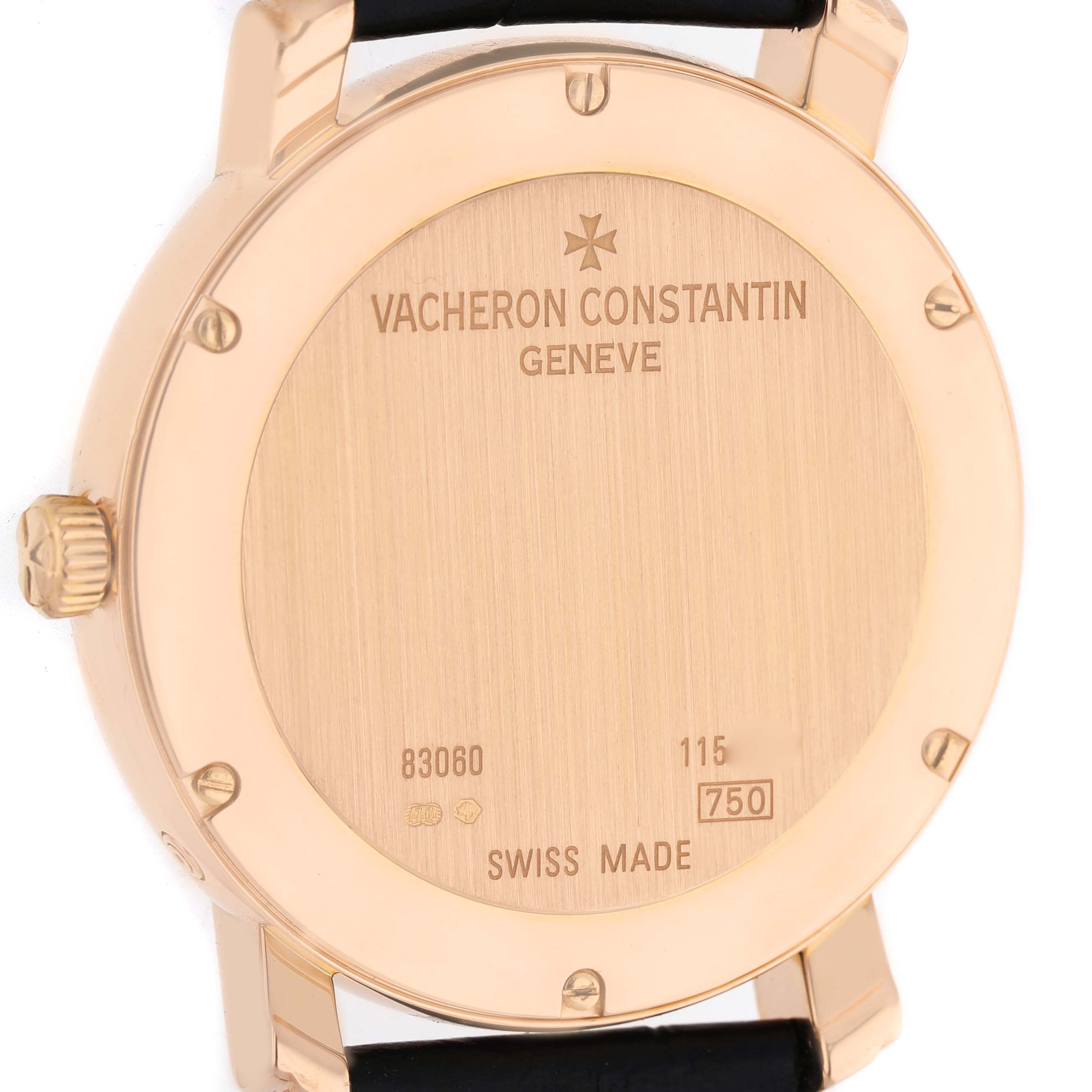 The image shows the back of the Vacheron Constantin Malte 83060 Men's Rose Gold Silver Dial watch, highlighting the brand engraving and hallmark details.