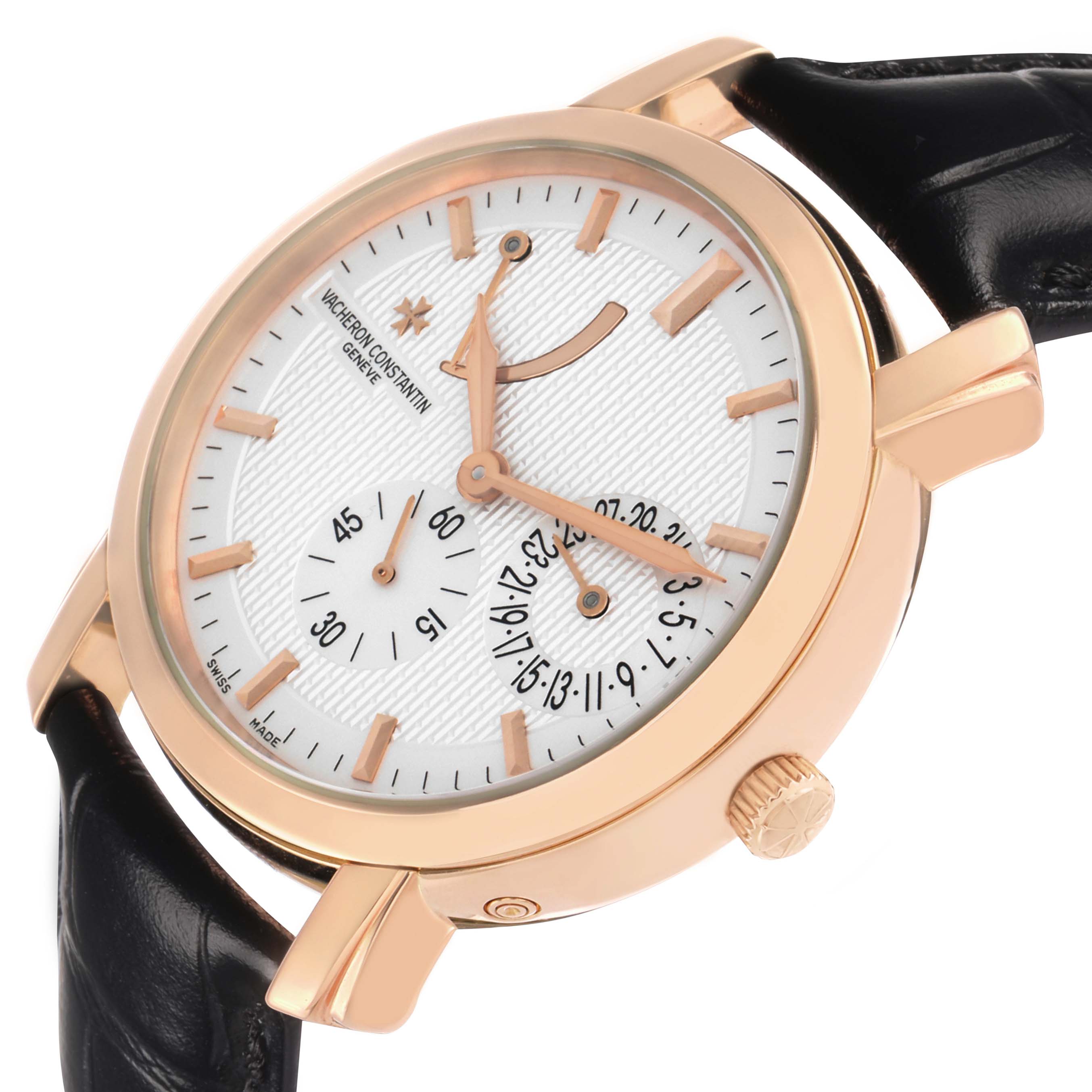 The Vacheron Constantin Malte 83060 Men's Rose Gold Silver Dial watch is shown at a three-quarter angle, highlighting the dial, hands, crown, and black leather strap.