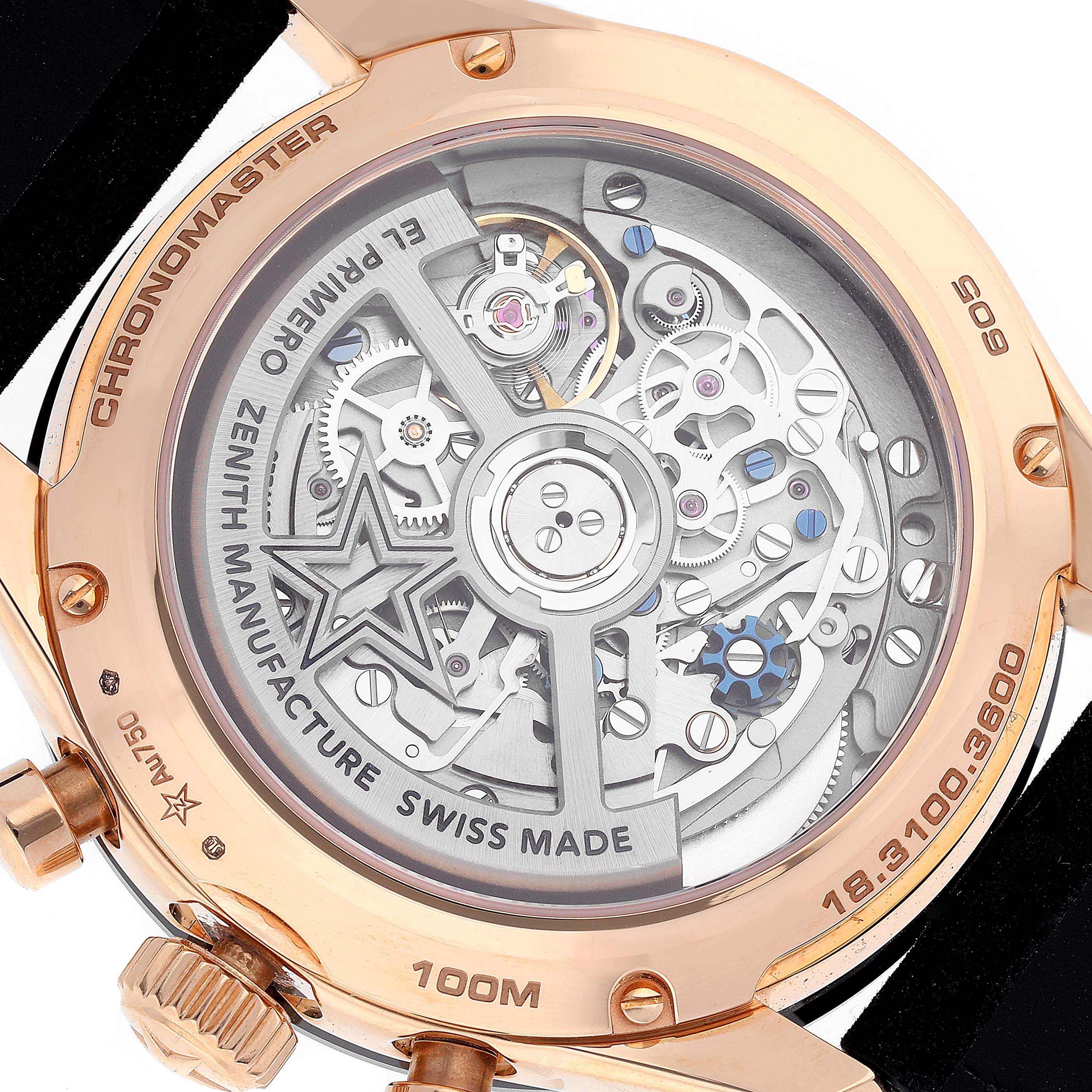 The image shows the case back of the Zenith Chronomaster 18.3100.3600/69.C920 Men's Rose Gold White Dial 18.3100.3600/69.C920 Men's Rose Gold White Dial watch, revealing its intricate movement and inner mechanisms.