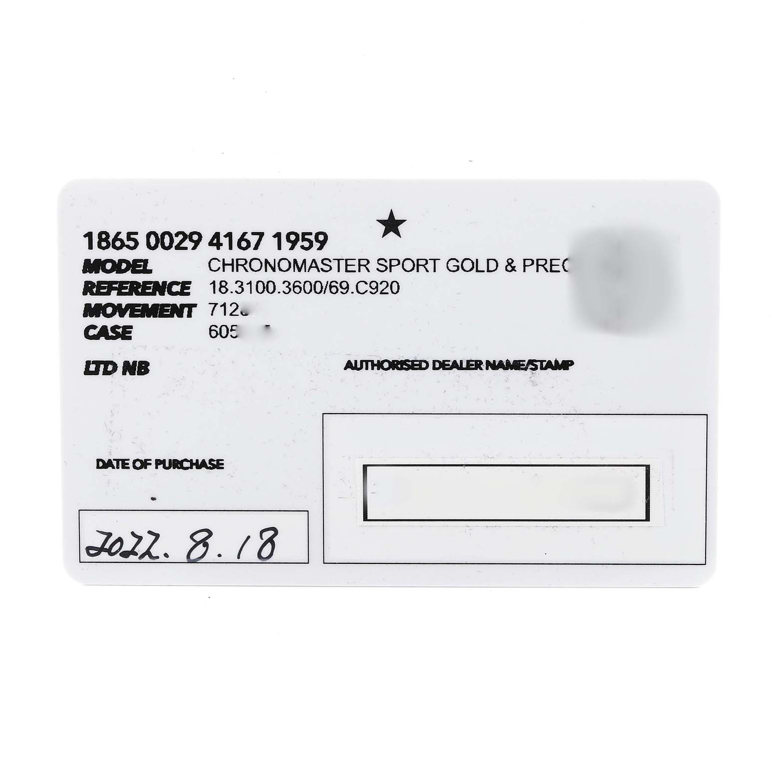 The image shows a warranty card for a Zenith Chronomaster 18.3100.3600/69.C920 Men's Rose Gold White Dial 18.3100.3600/69.C920 Men's Rose Gold White Dial watch model, including reference, movement, case number, date of purchase, and dealer stamp.