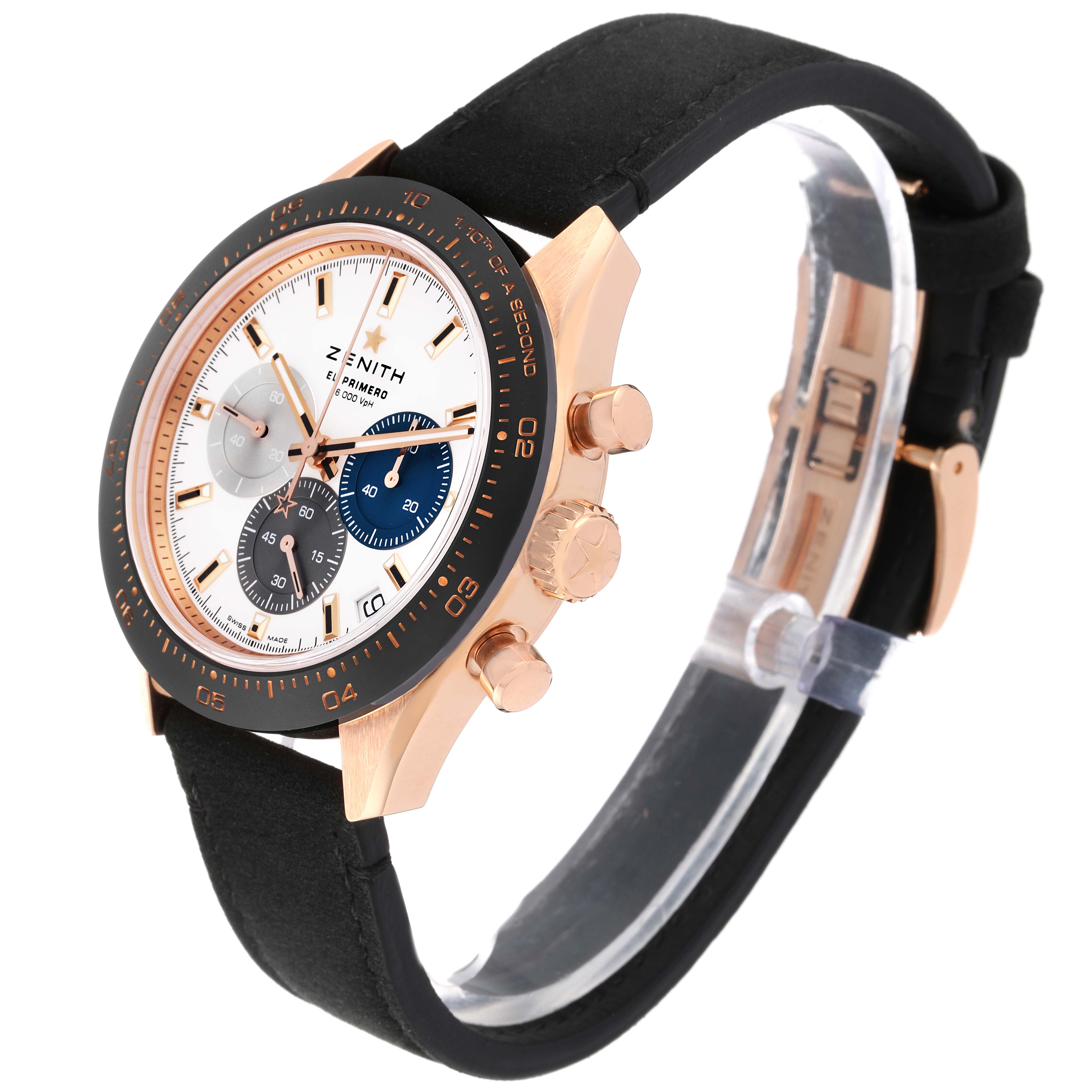 The Zenith Chronomaster 18.3100.3600/69.C920 Men's Rose Gold White Dial 18.3100.3600/69.C920 Men's Rose Gold White Dial watch is shown from a tilted side view, highlighting the dial, bezel, crown, pushers, and strap.