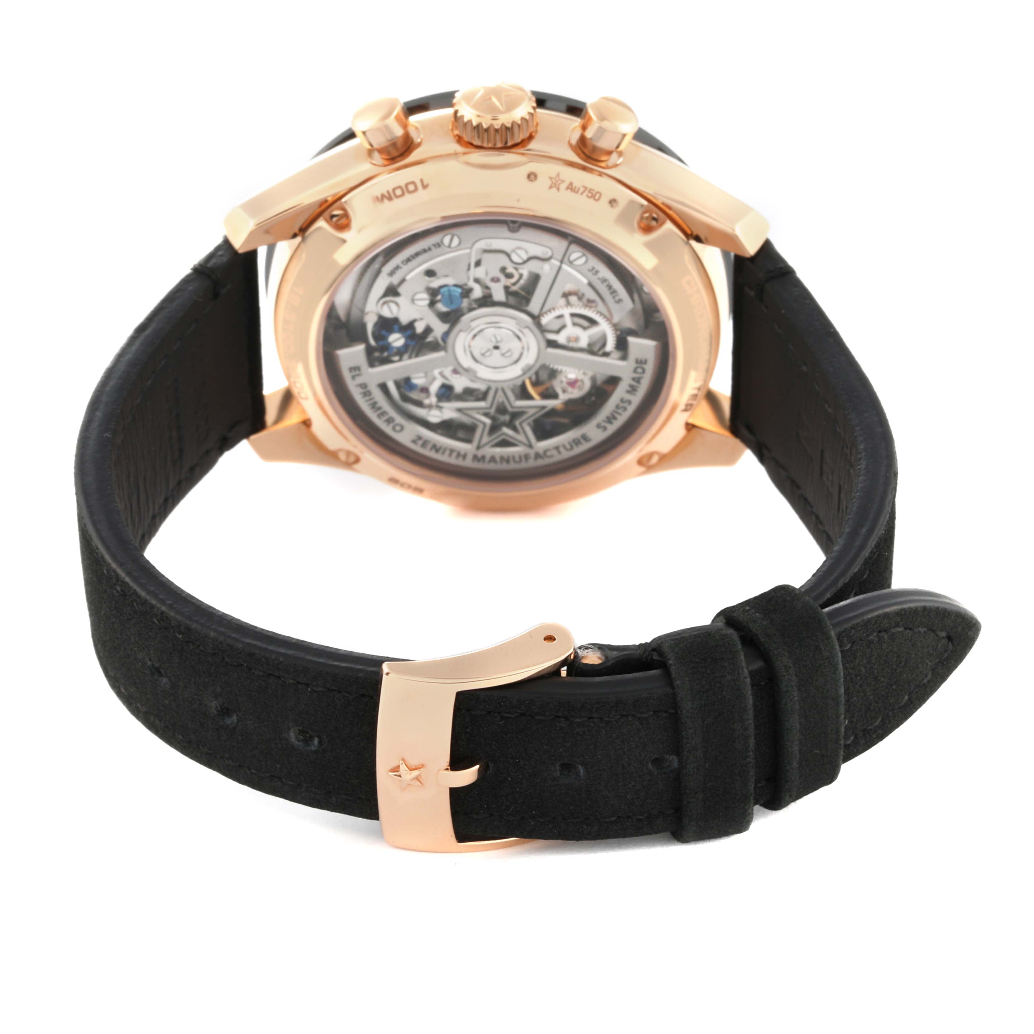 The image shows the back view of a Zenith Chronomaster 18.3100.3600/69.C920 Men's Rose Gold White Dial 18.3100.3600/69.C920 Men's Rose Gold White Dial watch, displaying the movement and a black strap with a gold-tone buckle.