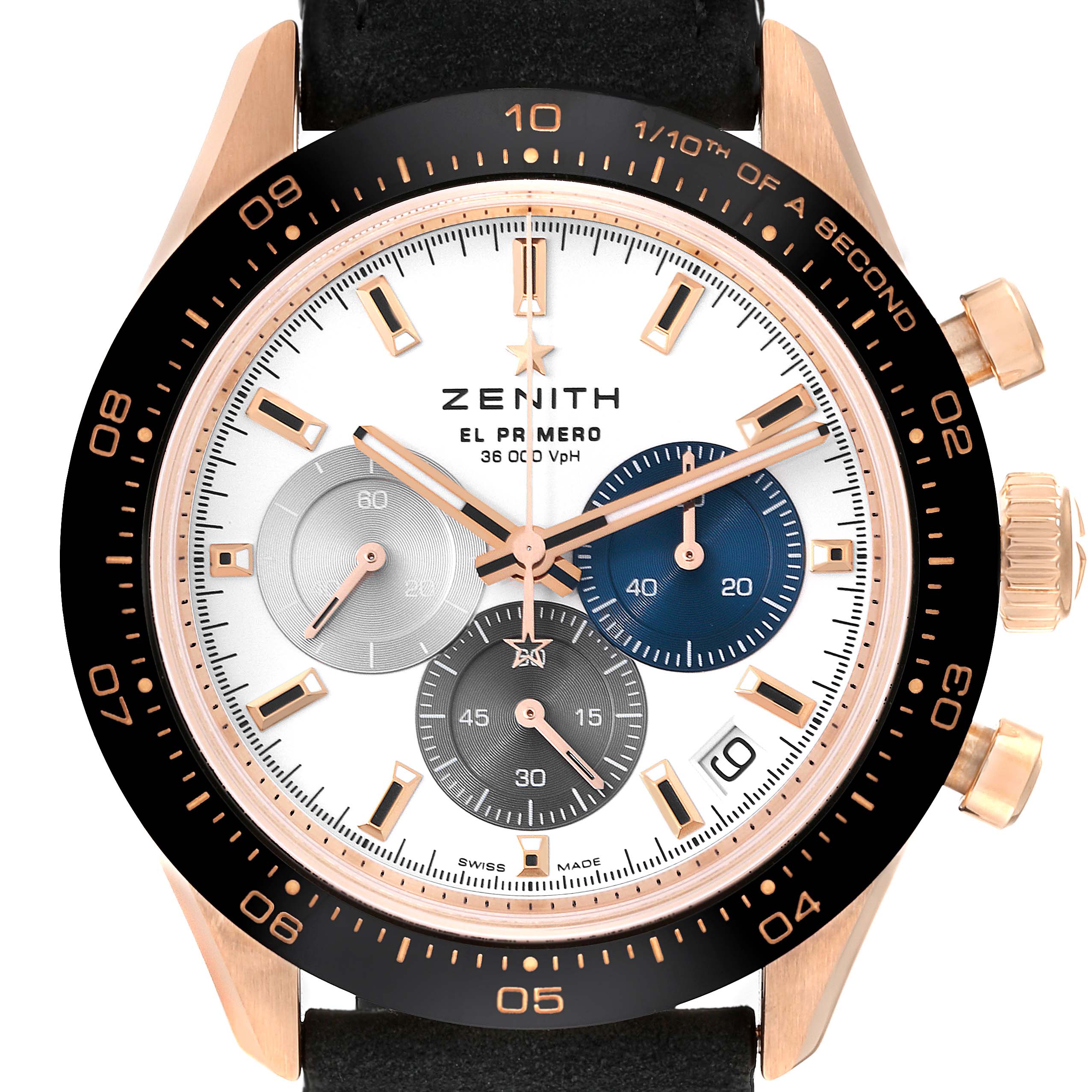 The image shows the front view of a Zenith Chronomaster 18.3100.3600/69.C920 Men's Rose Gold White Dial 18.3100.3600/69.C920 Men's Rose Gold White Dial watch, highlighting its dial, bezel, subdials, and crown.
