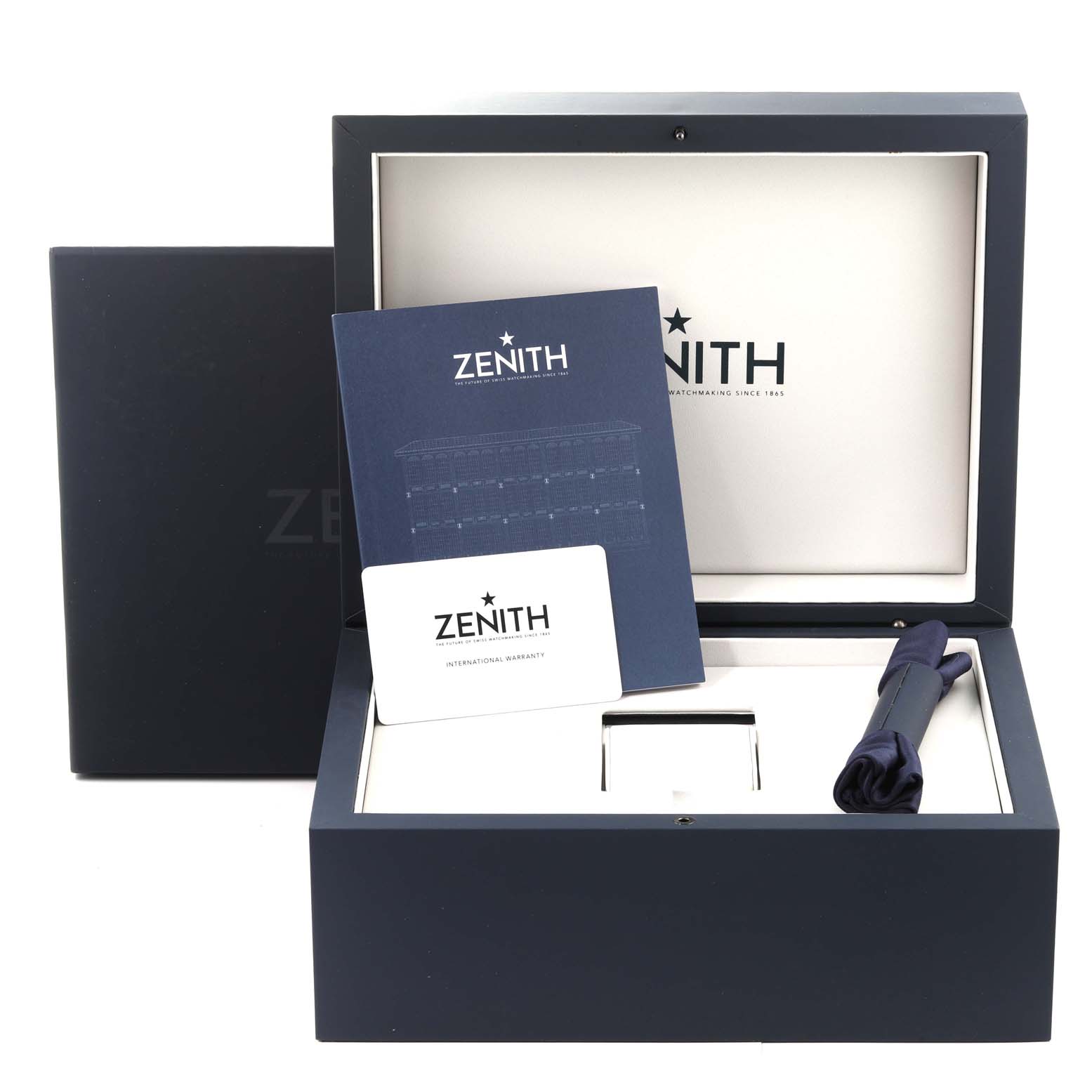 The image shows the packaging and accessories for a Zenith Chronomaster 18.3100.3600/69.C920 Men's Rose Gold White Dial 18.3100.3600/69.C920 Men's Rose Gold White Dial watch including a box, manual, and warranty card.