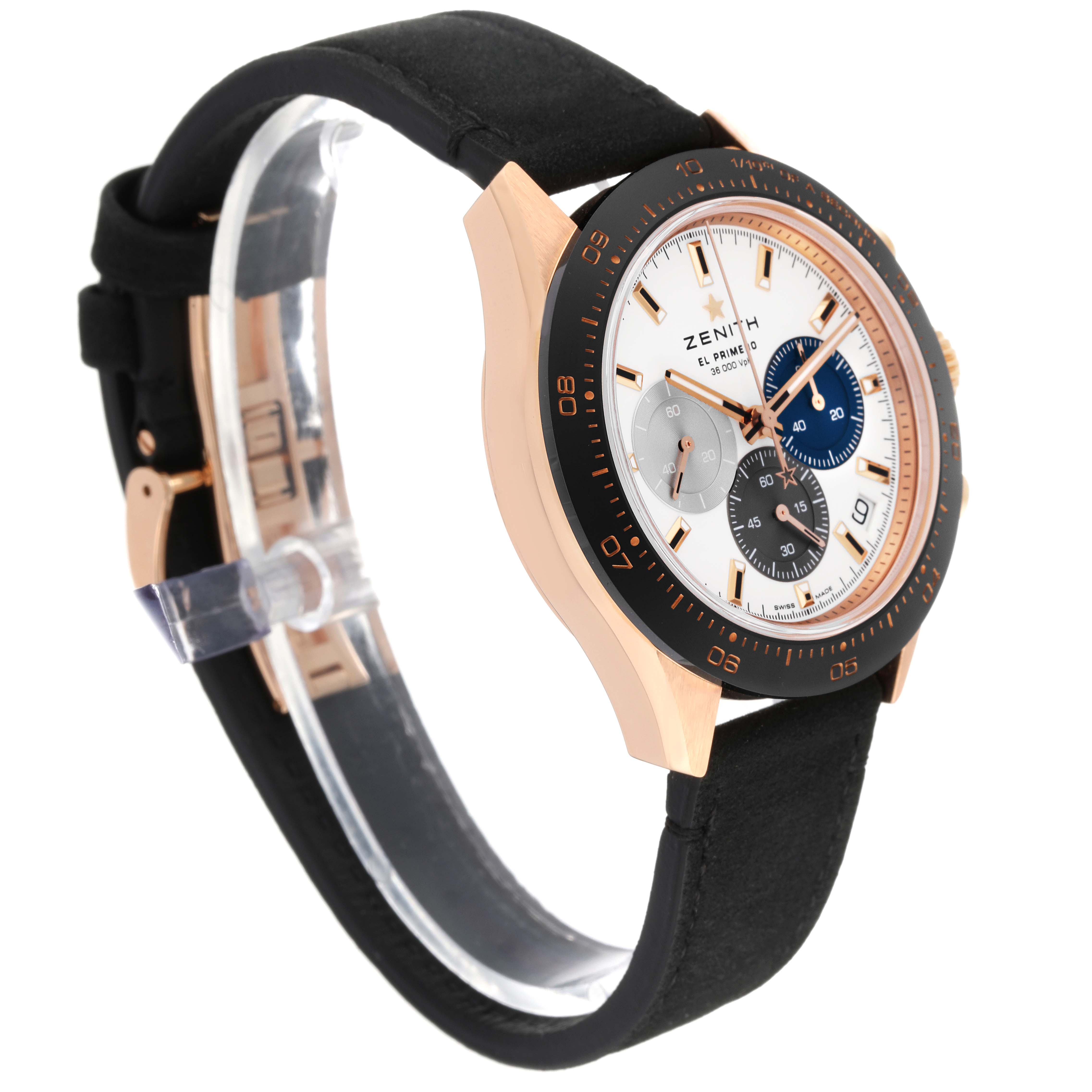 The image displays a Zenith Chronomaster 18.3100.3600/69.C920 Men's Rose Gold White Dial 18.3100.3600/69.C920 Men's Rose Gold White Dial watch at a three-quarter angle, showing the face, hands, bezel, and part of the strap.