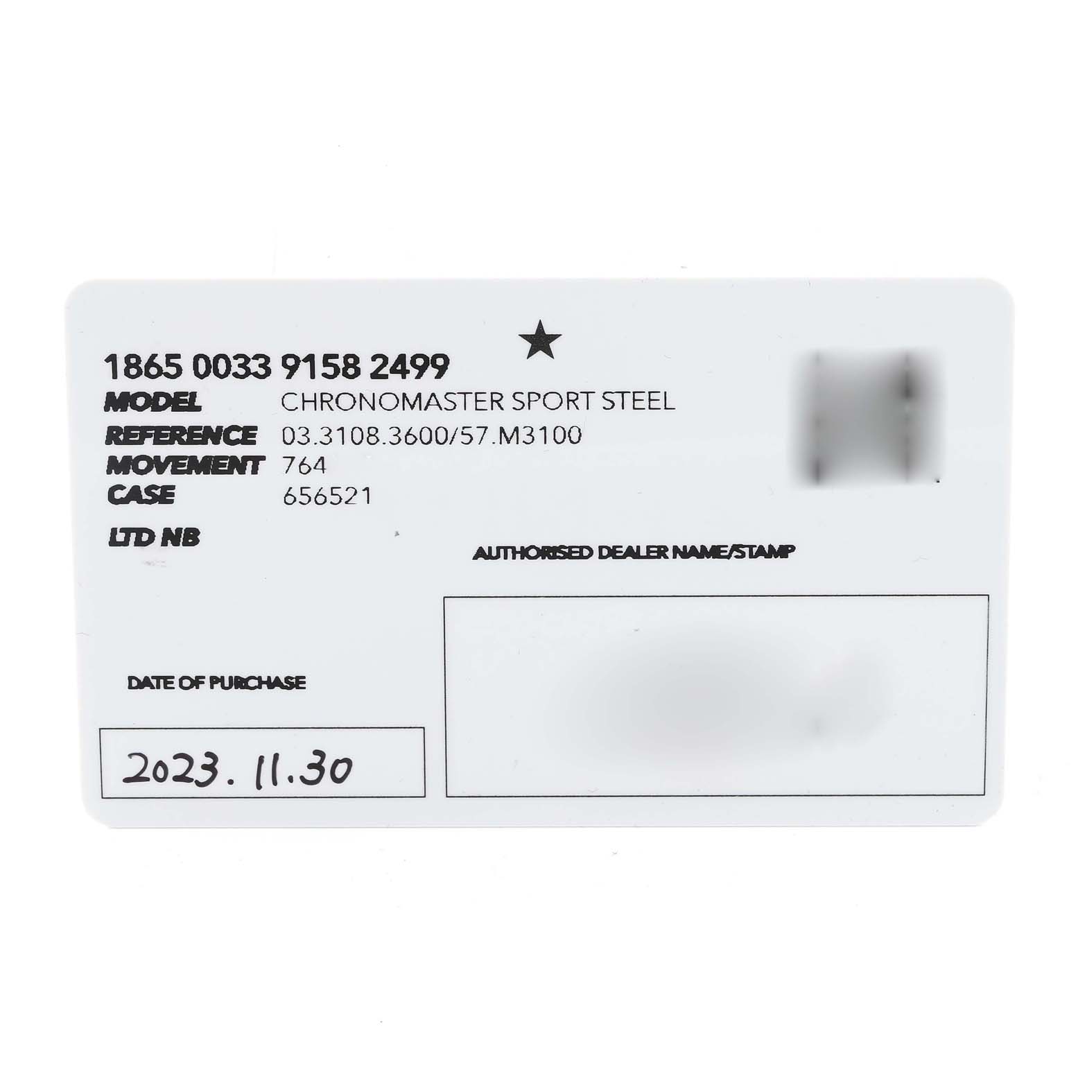 The image shows the warranty card for the Chronomaster Sport Steel model by Zenith, displaying reference, movement, case numbers, and purchase date.