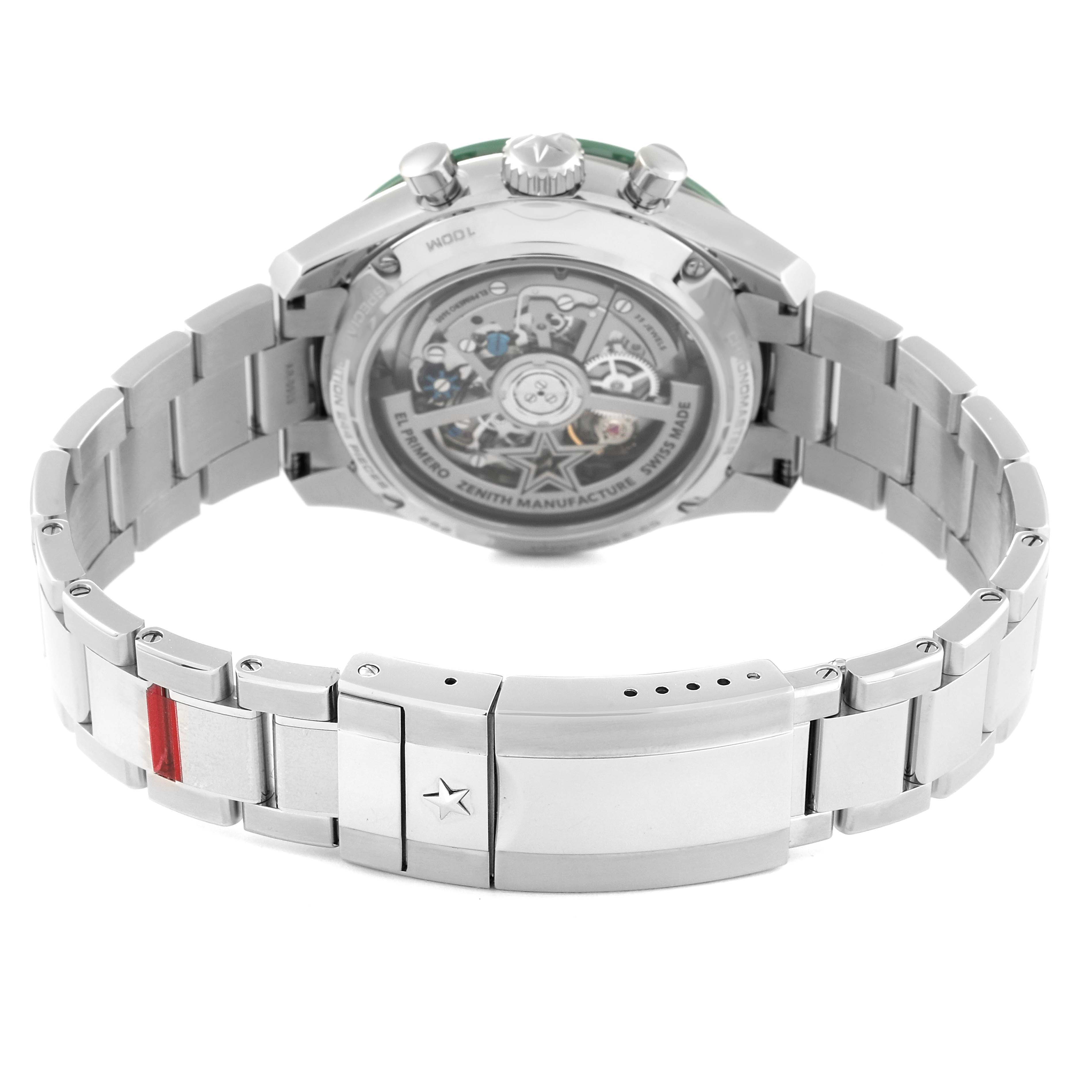 This image shows the rear view of the Zenith Chronomaster 03.3108.3600/57.M3100 Men's Stainless Steel Green Dial 03.3108.3600/57.M3100 Men's Stainless Steel Green Dial watch, focusing on its case back and metal bracelet.