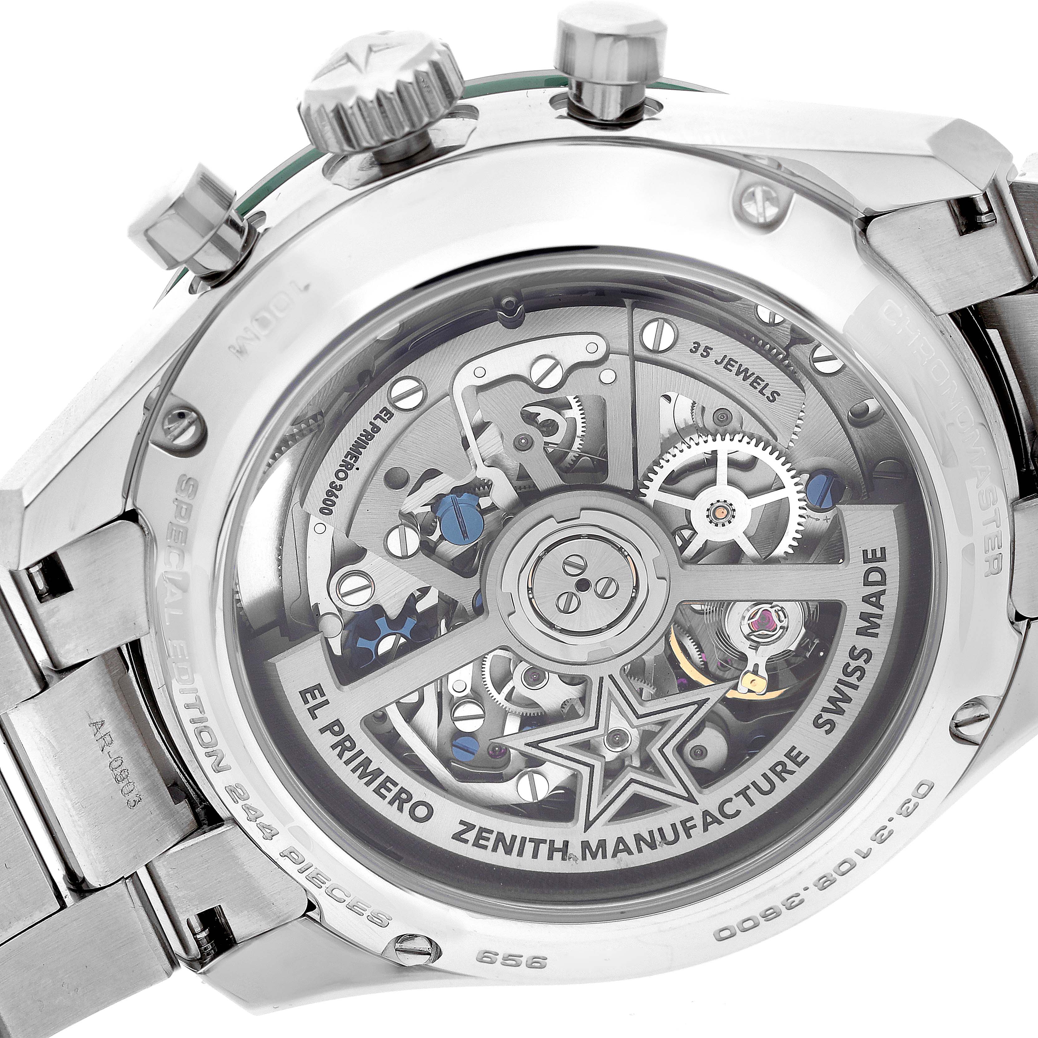 The image shows the back view of the Zenith Chronomaster 03.3108.3600/57.M3100 Men's Stainless Steel Green Dial 03.3108.3600/57.M3100 Men's Stainless Steel Green Dial watch, highlighting its intricate movement and mechanical parts.