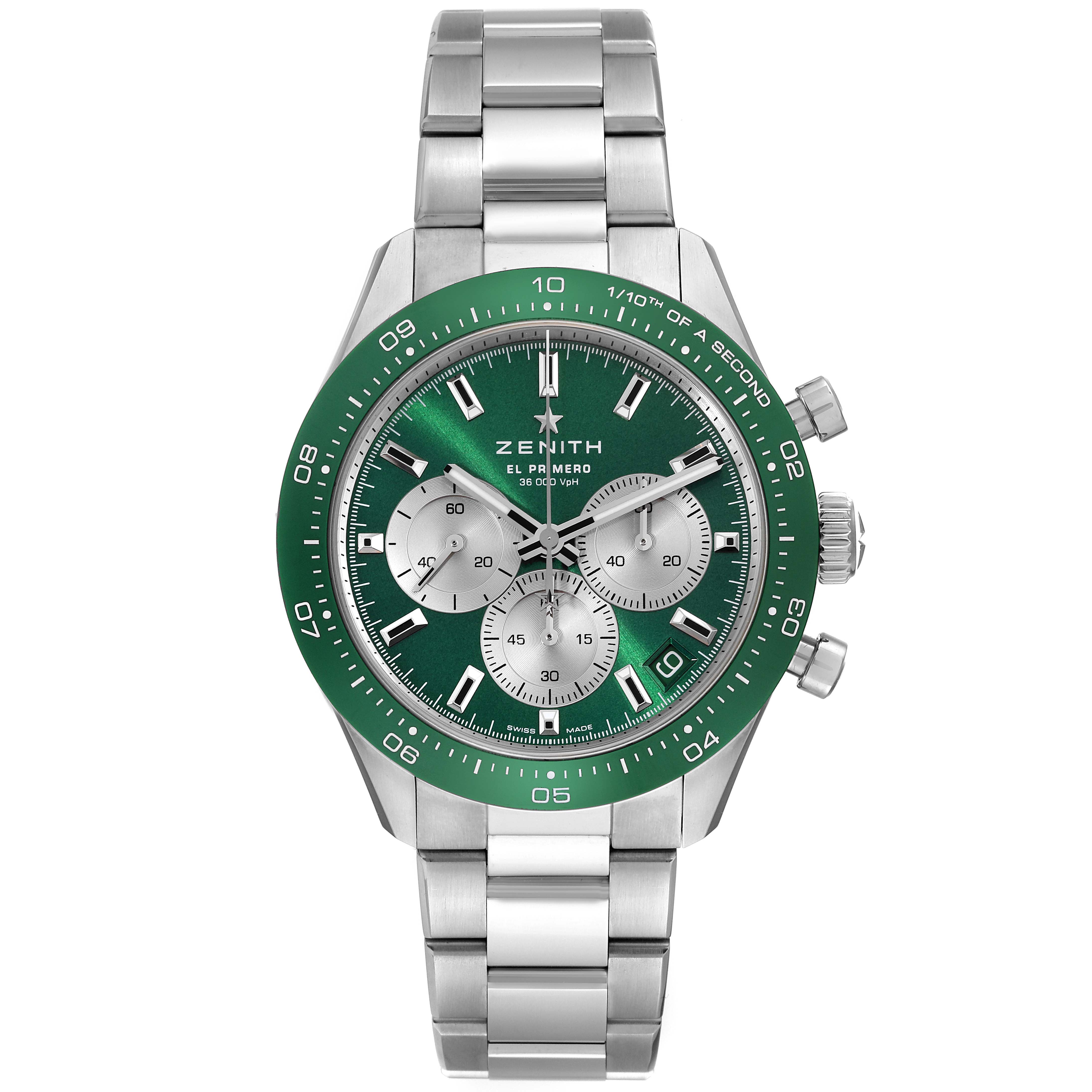 The Zenith Chronomaster 03.3108.3600/57.M3100 Men's Stainless Steel Green Dial 03.3108.3600/57.M3100 Men's Stainless Steel Green Dial watch is shown from a front angle, displaying the face, dial, bezel, and stainless steel bracelet.