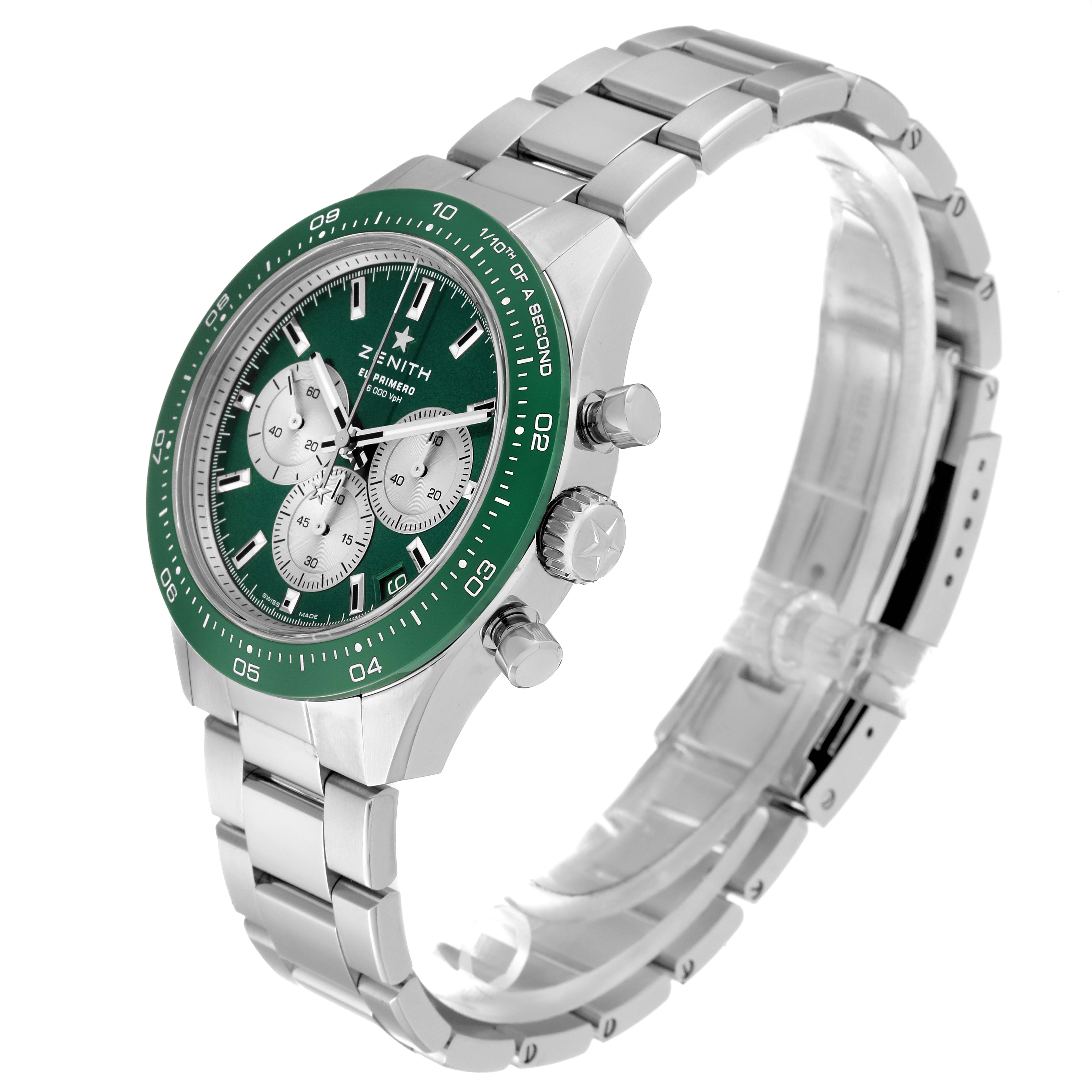 The image shows a Zenith Chronomaster 03.3108.3600/57.M3100 Men's Stainless Steel Green Dial 03.3108.3600/57.M3100 Men's Stainless Steel Green Dial watch at a three-quarter angle, displaying the face, bezel, crown, pushers, and bracelet.