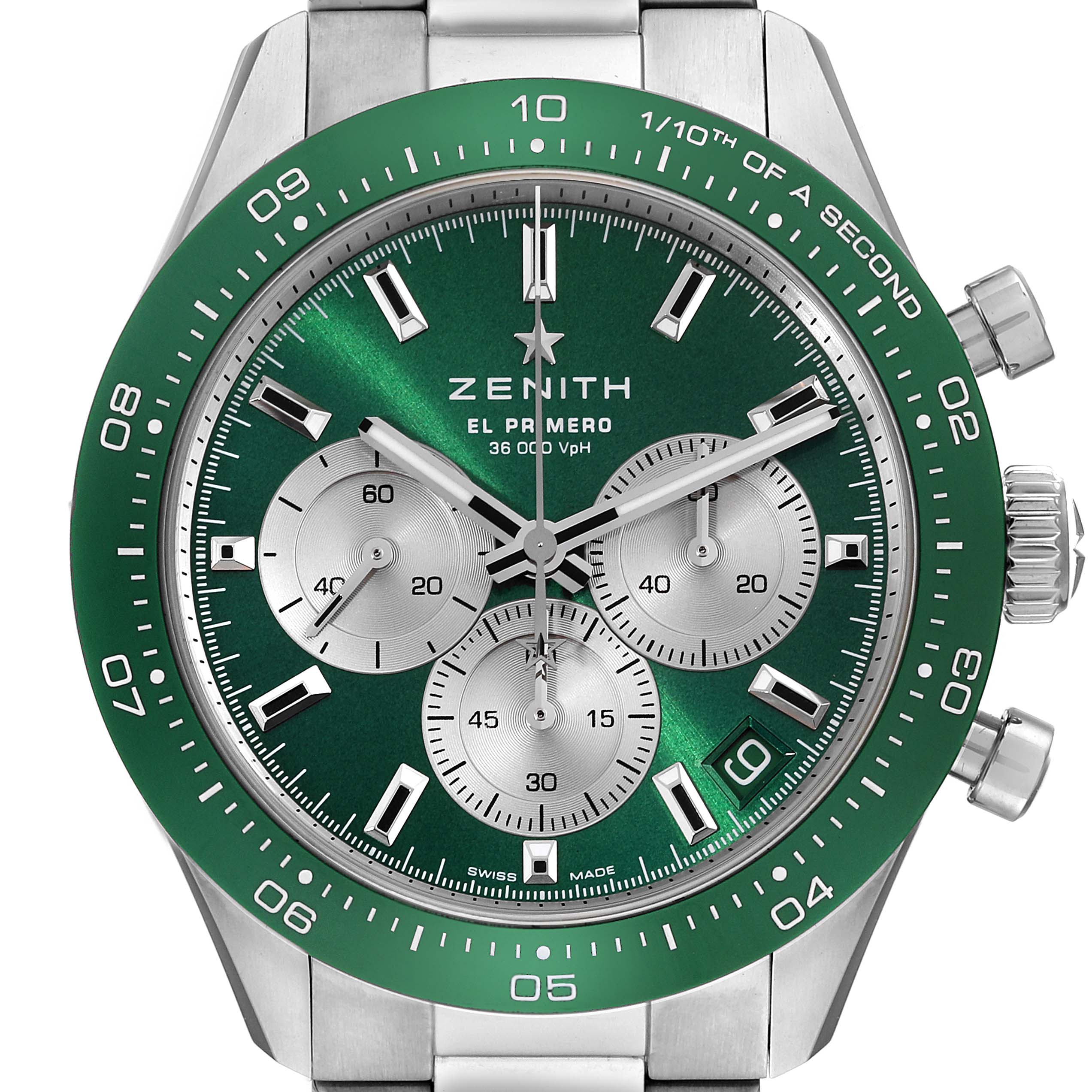 The image shows a frontal view of the Zenith Chronomaster 03.3108.3600/57.M3100 Men's Stainless Steel Green Dial 03.3108.3600/57.M3100 Men's Stainless Steel Green Dial watch, highlighting its green bezel, green dial, and chronograph subdials.
