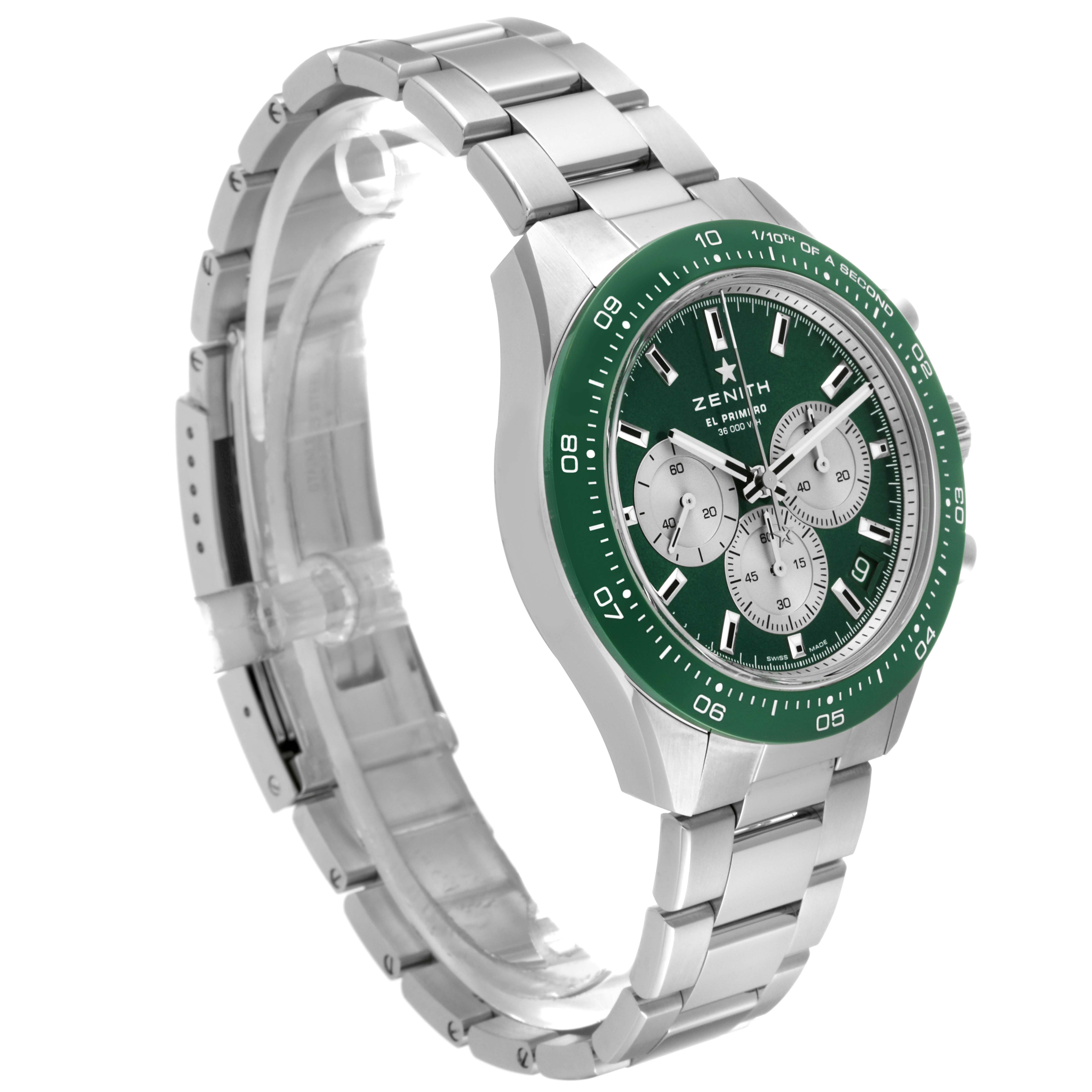 The Zenith Chronomaster 03.3108.3600/57.M3100 Men's Stainless Steel Green Dial 03.3108.3600/57.M3100 Men's Stainless Steel Green Dial watch is shown at a side angle, displaying its green bezel, dial, and metal bracelet.