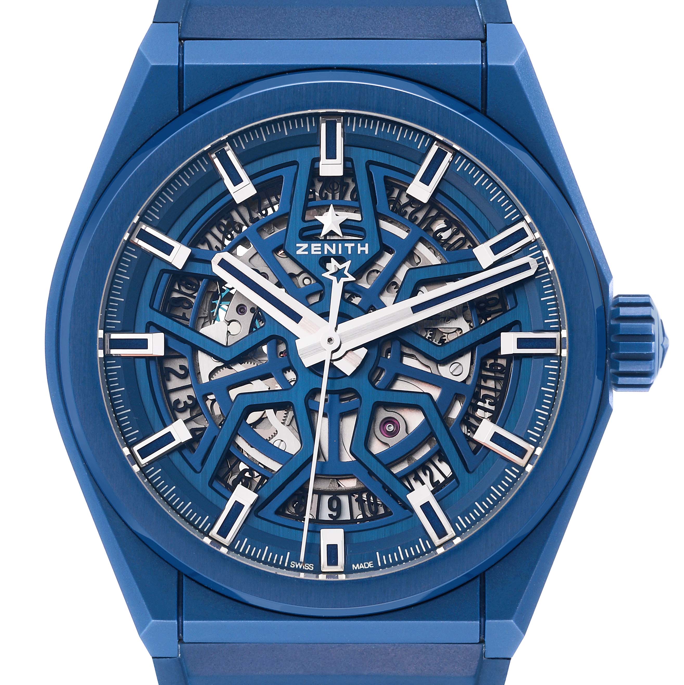 The image shows a front view of a Zenith Defy 49.9003.670 Men's Ceramic Blue Dial 49.9003.670 Men's Ceramic Blue Dial watch, displaying its intricate blue skeleton dial and hands.