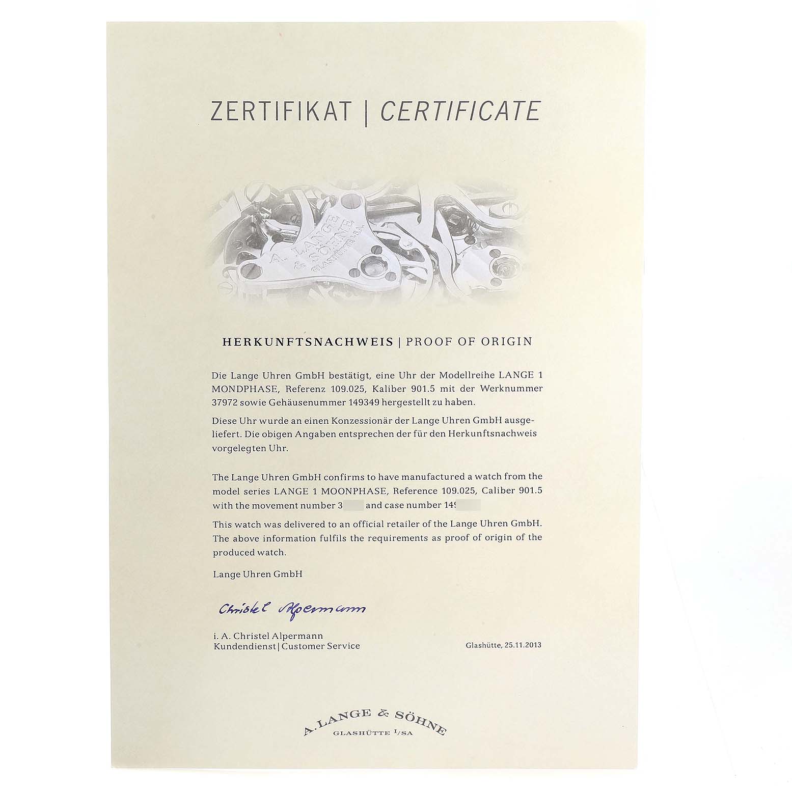 The image shows a certificate of origin for the Lange 1 model by A. Lange & Söhne, featuring their logo and detailed proof of authenticity.