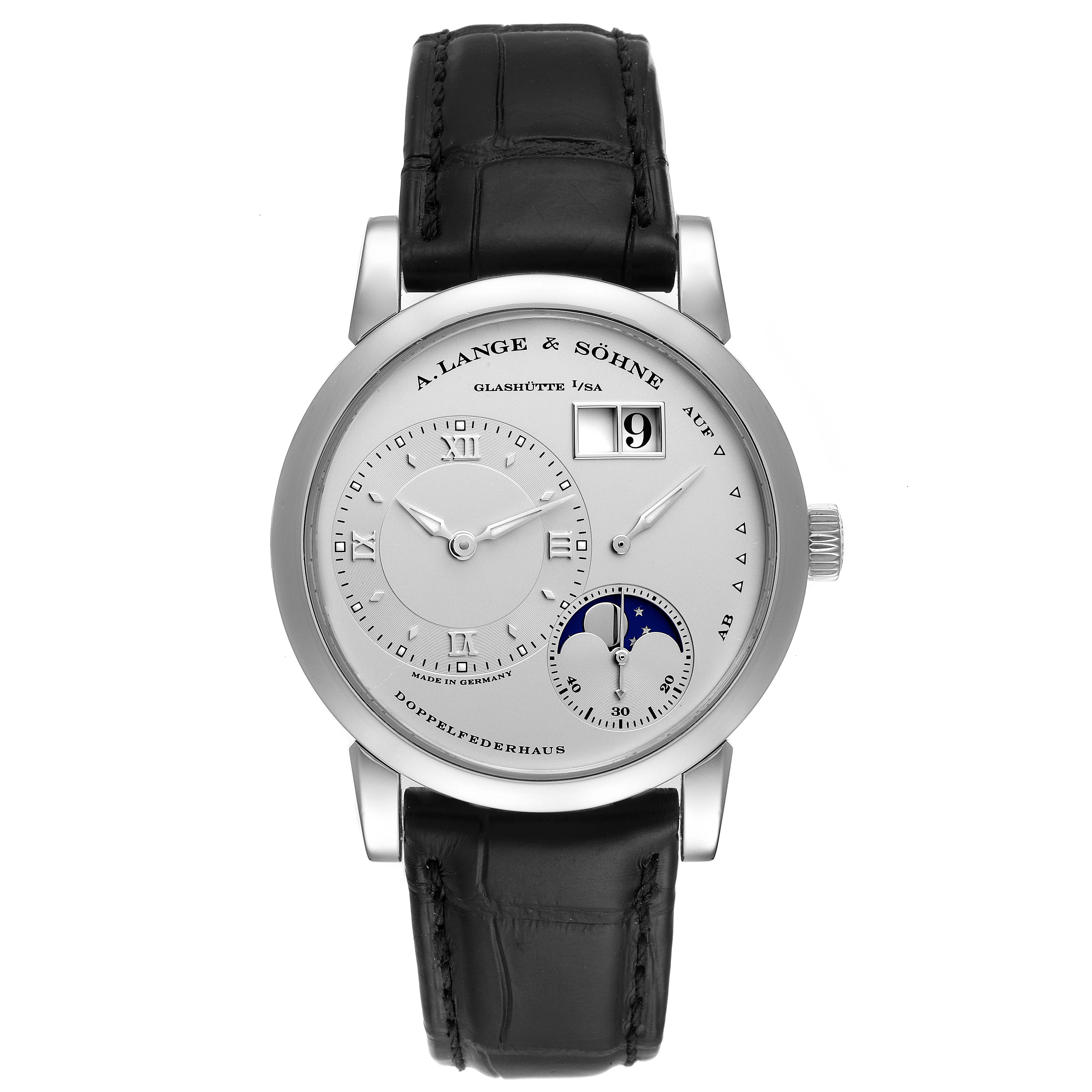 The image shows a front view of the A. Lange & Sohne Lange 1 109.025 Men's Platinum Silver Dial watch, highlighting the dial, hands, date window, and moon phase.