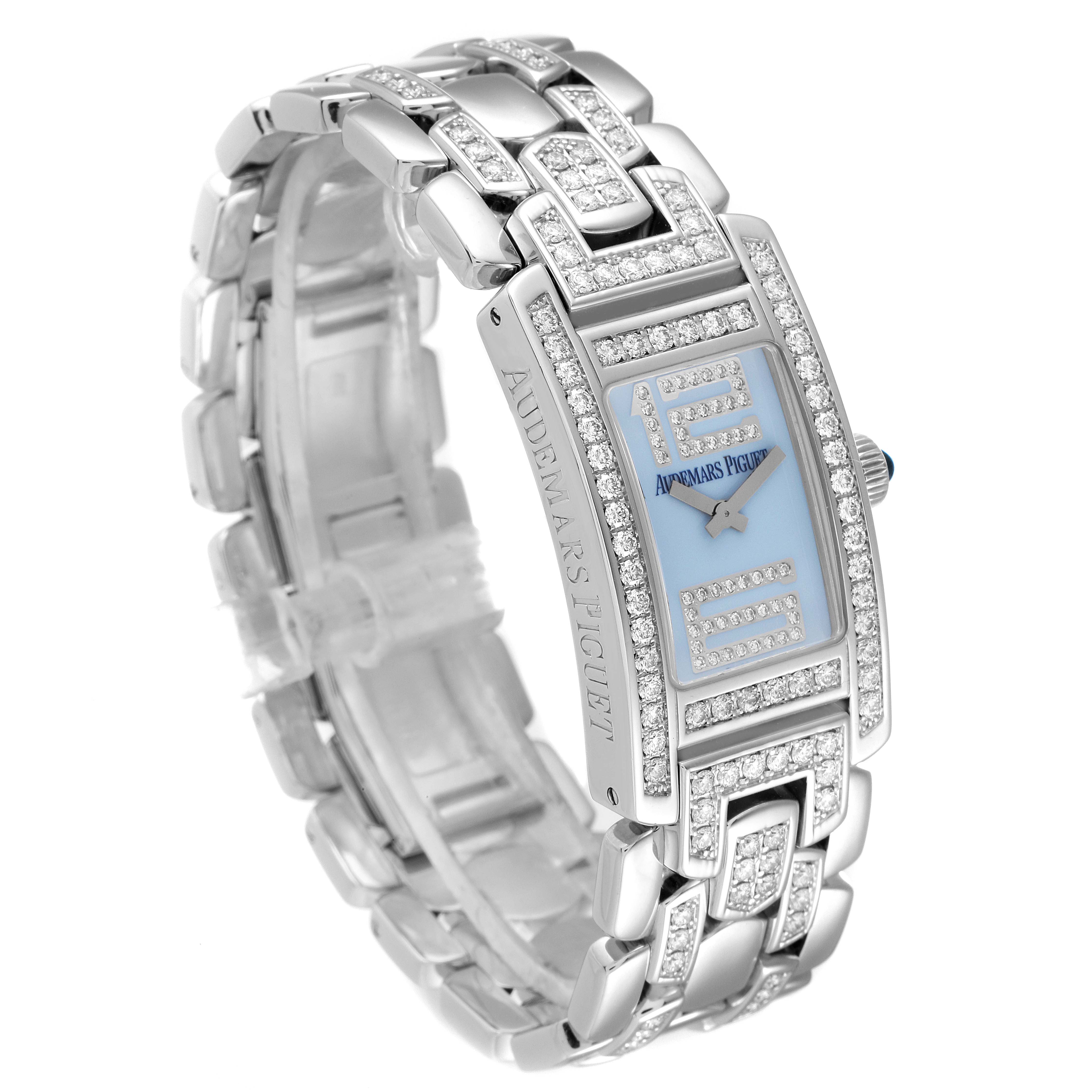 The image shows a side-angle view of a Vintage Audemars Piguet watch, highlighting its diamond-studded bracelet and rectangular face.