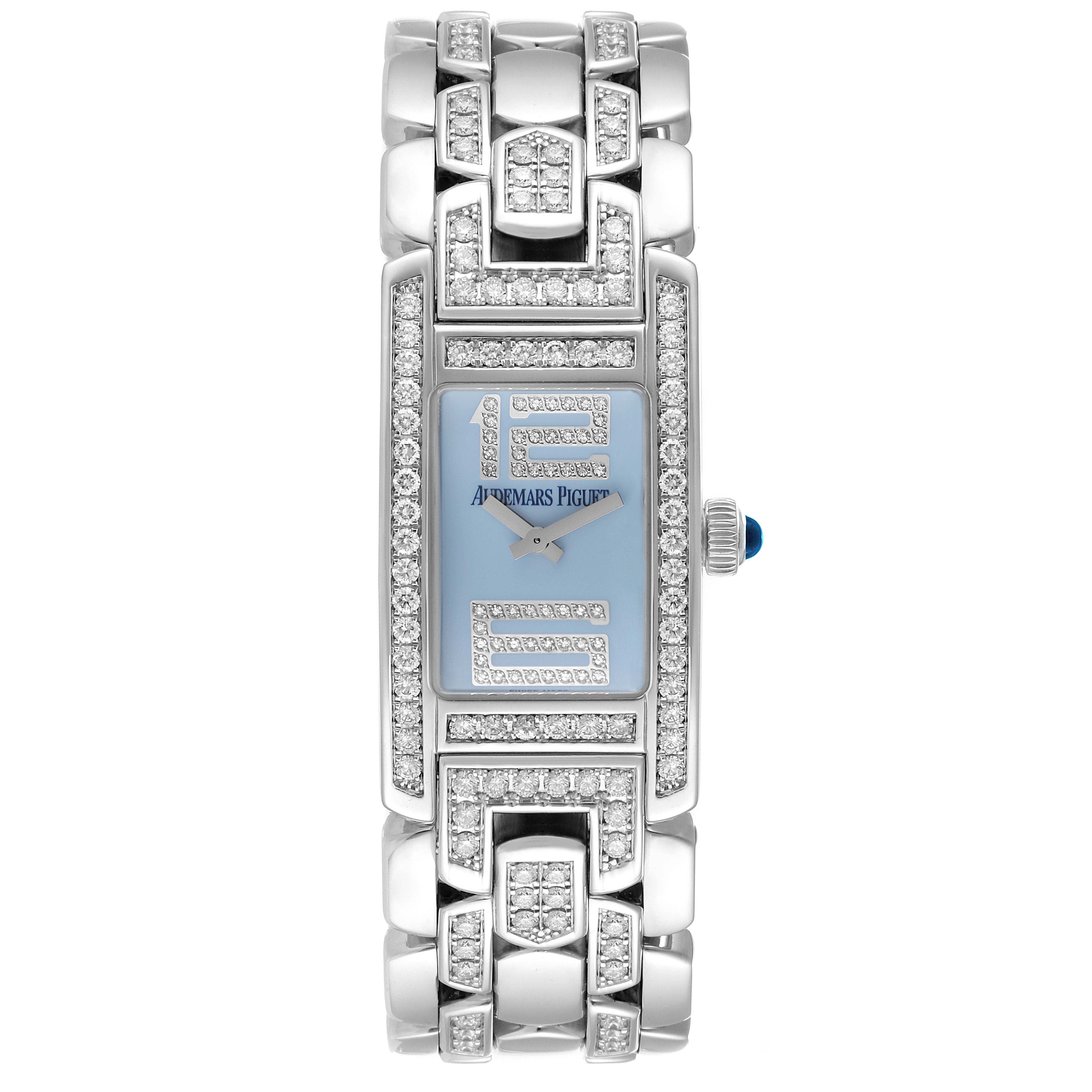 The image shows a front view of a Vintage Audemars Piguet watch with a rectangular face adorned with diamonds.