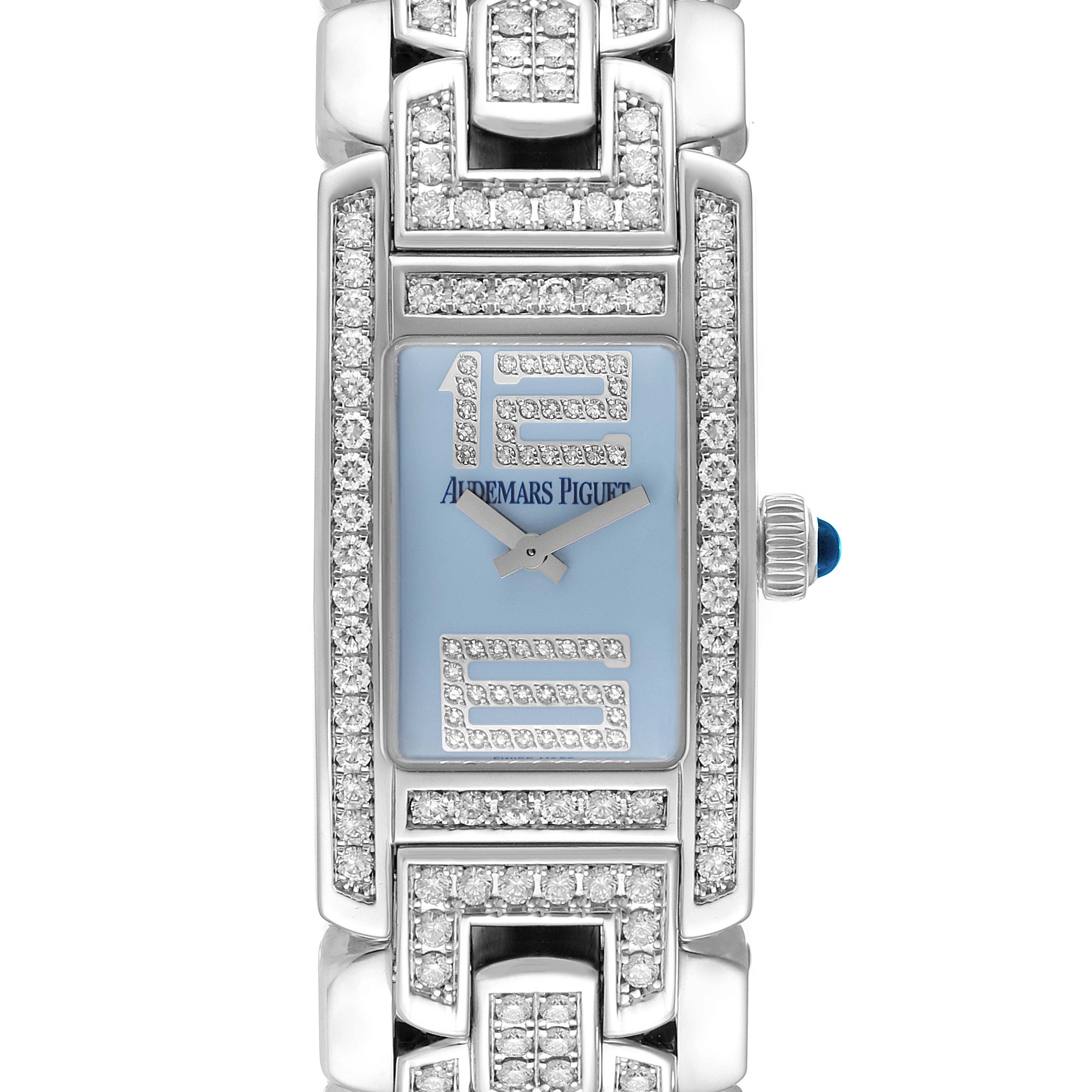 The image shows a close-up, front view of a Vintage Audemars Piguet watch with a rectangular, bejeweled face and bracelet.